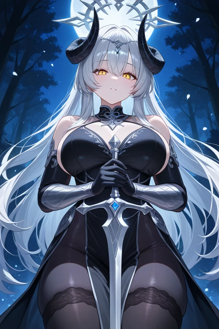 best quality, masterpiece, highres, solo, {morgan_fgo:1.15}, long_hair, blue_eyes, braid, bangs, ponytail, breasts, bow, black_bow, french_braid, grey_hair, hair_bow, very_long_hair, large_breasts, sidelocks, cleavage, 1girl, black_dress, dress, looking_at_viewer, two-tone_dress, holding, white_hair, staff, weapon