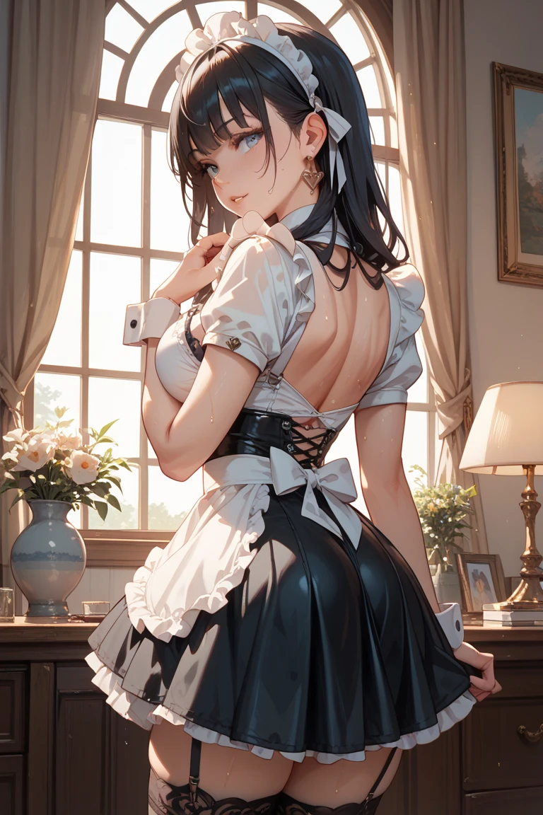 1girl, ass ,maid,victorian,shiny skin ,seductive smile,from behind,sitting,miniskirt, (masterpiece, high quality:1.2)