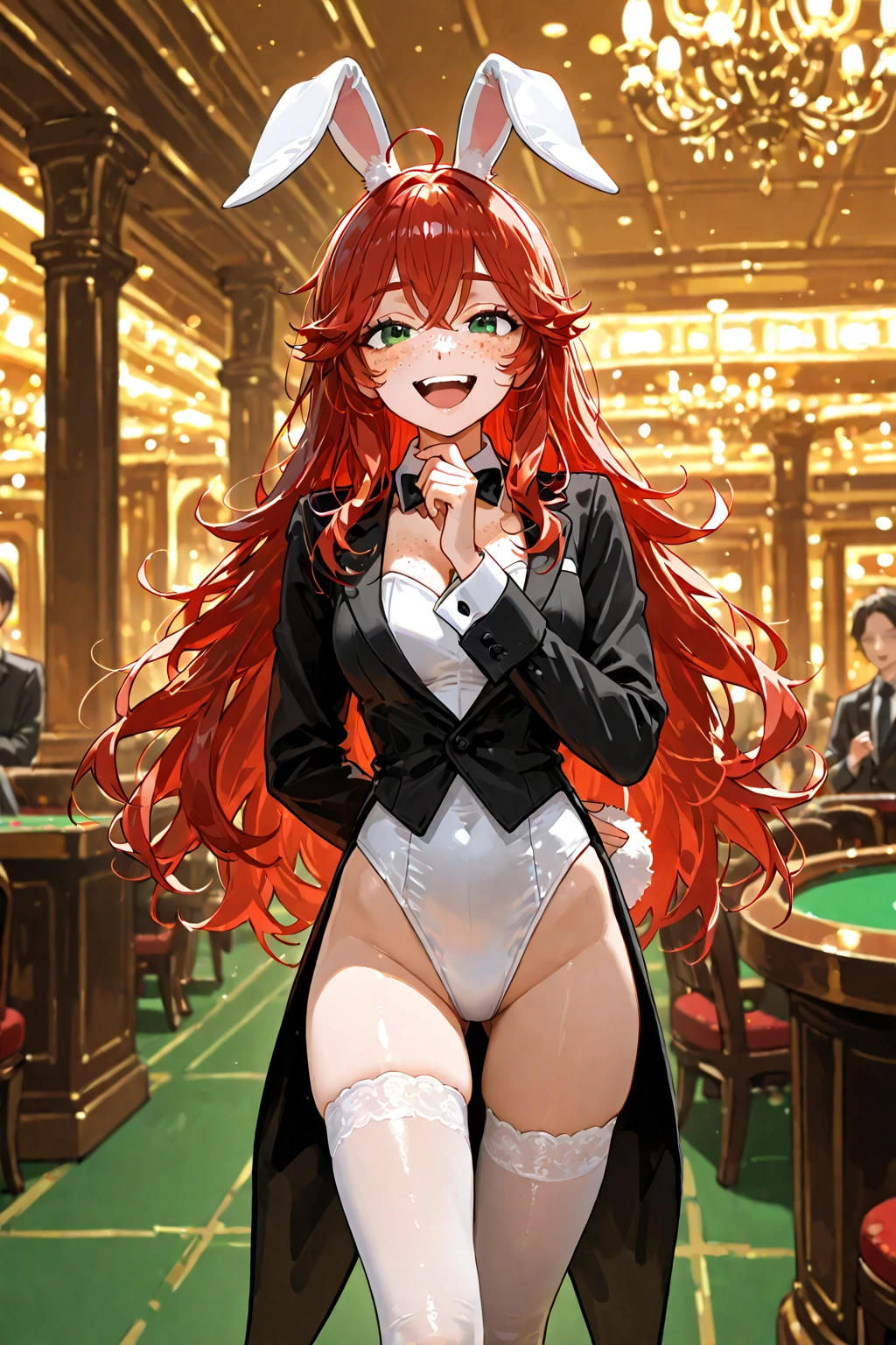 1 woman, solo, tall woman, long orange hair, straight hair ,orange eyes, (Full Breasts), (cleavagte:1.3), (armpit:1.3),(midriff peek:1.3), High Height,masterpiece, high resolution, shiny, full body, beautiful,A cute smile that makes the viewer happy, highly detailed beautiful face and eyes,looking at viewer, (bunny girl,playboy bunny,rabbit ears, black rabbit ears, fake rabbit ears,black leotard,pantyhose, black pantyhose,bowtie, wrist cuffs:1.2), (casino:1.2), (roulette table),