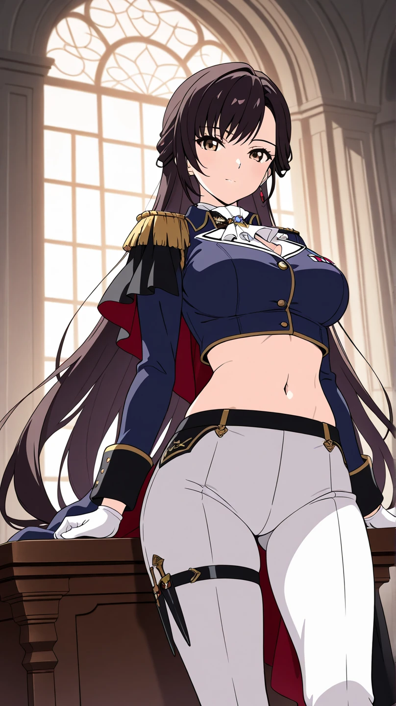 score_9, score_8_up, score_7_up, source_anime, michikotanaka, michiko tanaka, long hair, black hair, yellow eyes, facial mark, forehead mark, michiko_tanaka_mahoushoujoniakogarete, anime_style, (long hair, black hair:1.3), forehead, forehead mark, hair ornament, muscular female, anatomically correct, mature female, curvy, heavy breathing, large_breasts, gloves, looking_at_viewer, solo, pantyhose, shirt, blush, white_shirt, jacket, collared_shirt, anime coloring, anime screencap, hair ornament, (shaded face:1.2), yellow eyes, drunk, blush, forehead mark, makeup, open mouth, upper teeth,