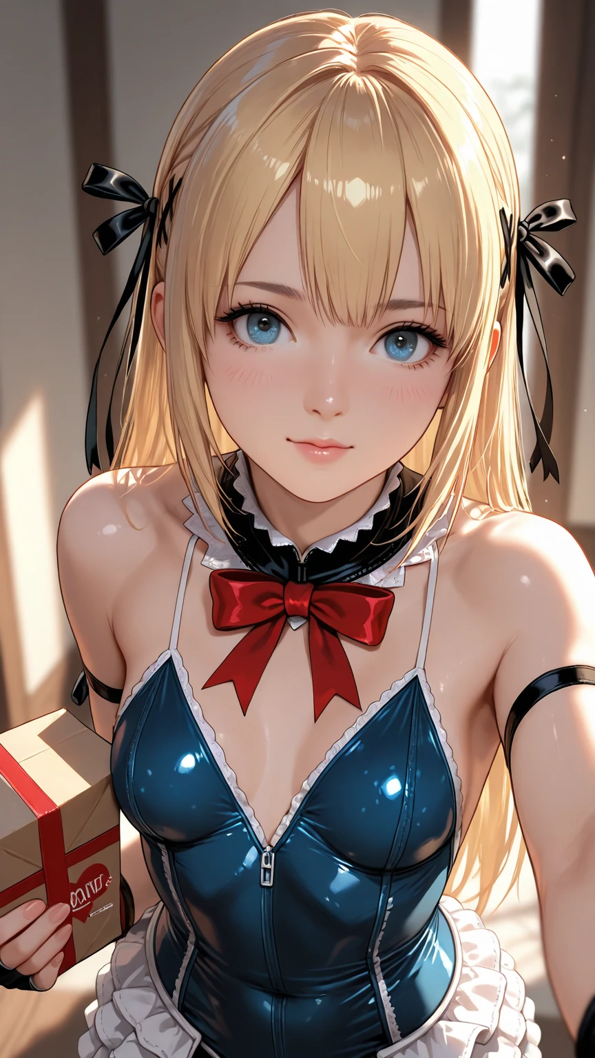 masterpiece, best quality, 8K, ultra-detailed, physically-based rendering,standard body,meguru hachimiya,one 28 years old woman,solo,beautiful detailed eyes ,longeyelashes,Big Eyes,standard body,blonde long hair,low-tied twintail,(school,natural light,morning),(light blue playboy bunny),(large breasts),(shy:1.2),nsfw,(incoming kiss:1.2),(pursed lips,thick lips,close up to face)