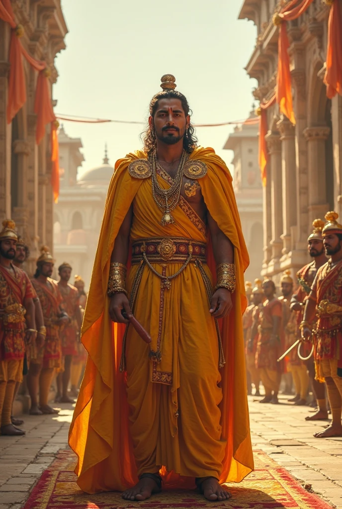 Fit Persian prince around 40 years old. wearing a yellow tunic and with a spear in his hand