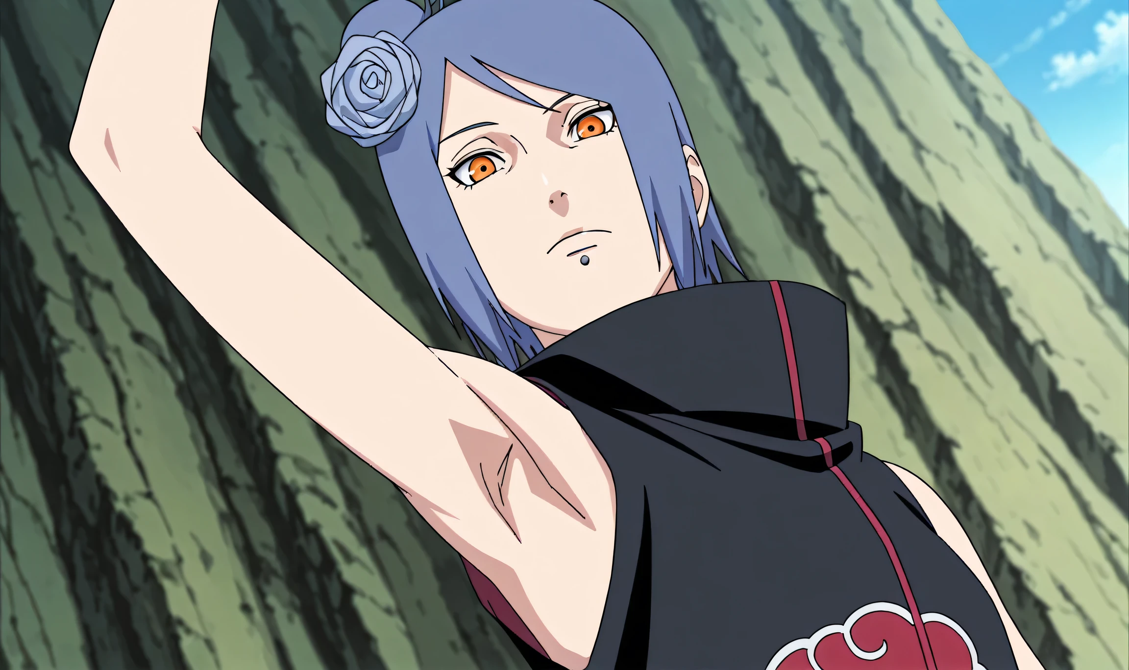 masterpiece, best quality, amazing quality, anime screencap, anime coloring, 1girl, solo, konan, blue hair, single hair bun, orange eyes, hair flower, lip piercing, (high collar:1.2), cloak, loose robe, sleeveless, bare shoulders, bare arms, arm up, raised arm, armpit, armpit focus, head towards viewer, looking at viewer, direct eye contact, expressionless, closed mouth, outdoors, day, from side, from below, flat chest