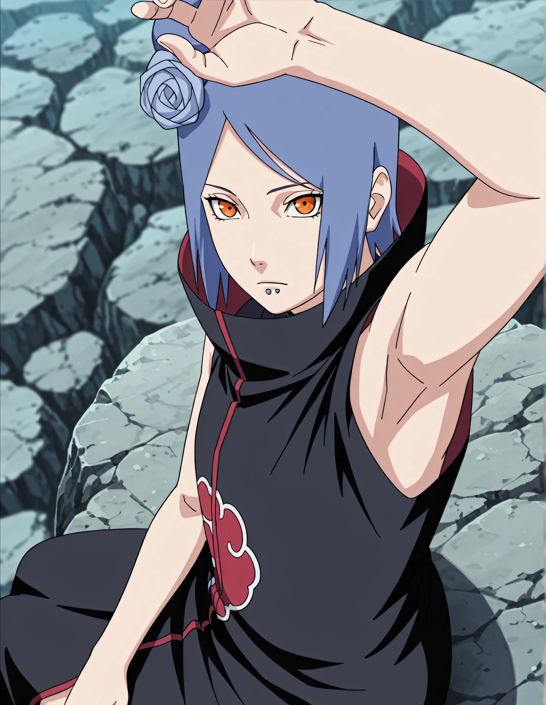masterpiece, best quality, amazing quality, anime screencap, anime coloring, 1girl, solo, konan, blue hair, single hair bun, orange eyes, hair flower, lip piercing, (high collar:1.2), cloak, loose robe, sleeveless, bare shoulders, bare arms, arm on own head, armpit, armpit focus, head towards viewer, looking at viewer, direct eye contact, expressionless, closed mouth, outdoors, day, flat chest, from side, from above, sitting on a rock, long robe