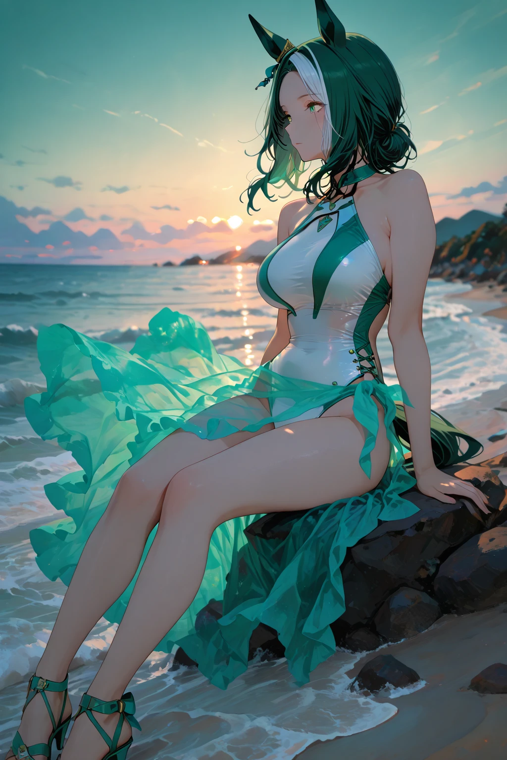 Girl Youku anchor,(((1girll))),((Very cute beautiful girl with green curly hair)),
Watching from behind，Back view，Persona diagram
(short breasts:1.4),big assa,(((Green curls:1.35,Very curly hair,Colored inner hair,Ear breathing,Short hair))),(((Green_Eyes:1.3))),intricately detailed eyes,Beautiful detailed eyes,Symmetrical eyes,Big eyes:1.3,((Fat)),(((Glossy glossy skin:1.5,Bright Skin: 1.5,dark tanned skin,Shiny skin,very shiny skin,shining body,plastic glitter skin,exaggerated shiny skin,brightskin,Wet legs))),Detailed body,(Detailed face),One Punch Man Tornado

Lovely,slutty,Seductive,Erotic,(((NSFW))),

zettai ryouiki,Clothing that exposes,show skin,((rave mini-skirt,visible thong straps,White loose vest，Decorated with anime art prints)),((Wet clothes,intricate outfits,intricate clothes)),

(Dynamic pose:1.0),Embarrassed,(Buttock display,Scale to fit the dimensions,Rule of thirds),Close-up of buttocks

Seaside cyberpunk night, There are bright neon lights and dark storm clouds and puddles, scenery:1.25,

artsy photography,(photography of：SLDR),A high resolution, Sharp focus, (Ultra detailed, Extremely detailed), (realistic artwork:1.37),(Extremely detailed Cg Unity 8K wallpaper),((Synthetic wave background theme)),(((Vibrant colors))),(intricate background),(Masterpiece),(Best quality),