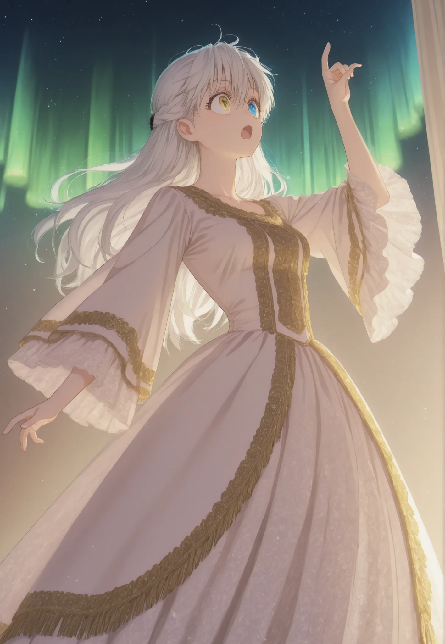 masterpiece, newest, HD Quality, safe, good anatomy, good lighting, , good resolution, beautiful, anime. long white hair. heterochromia:Sky blue right eye and Golden Yellow left eye, surprised gesture, look up. dark eyelashes, piel clara, slim build, Medium Breasts Size C. She is 18 years old, measures 1'66 cm. watching the spectator, Alone, Dancing Aurora Borealis Fund. wearing clothes: Victorian color dress, Wide sleeves with elaborate embroidery, embroidered with gold threads. dancer pose.
