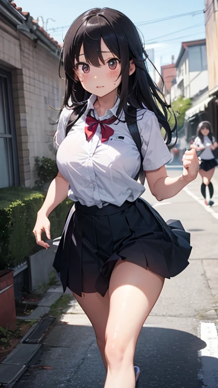 8K, Ultra High Definition, Super detailed, young girl of 18 years, Shiny detailed hair, detailed face, normal landscape, solo, looking at viewer, {{best quality}}, {{masterpiece}}, {{ultra-detailed}}, {detailed light}, ultra high quality eyes, detailed eyes, perfect eyes, large eyes, blue eyes, schoolgirl outfit, black hair, long hair, beautiful, skinny body, White skin, slutty, erotic, blushing, showing the butt, ((nsfw))