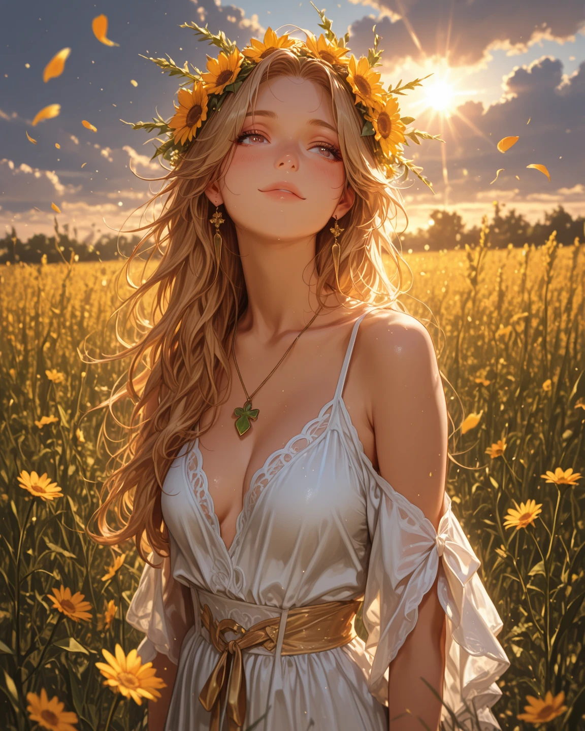1 girl, ((raised huge round buttocks)), Wide A sunflower field in full bloom,Back view of a woman in Translucent white thong (underwear),long shot,wide view, commercial photography,award-winning photograph,(photorealistic),unity 8k wallpaper,(ultra detailed:1.3),(light_on_face:1.4),CanonEOS 5D MarkIV DSLR