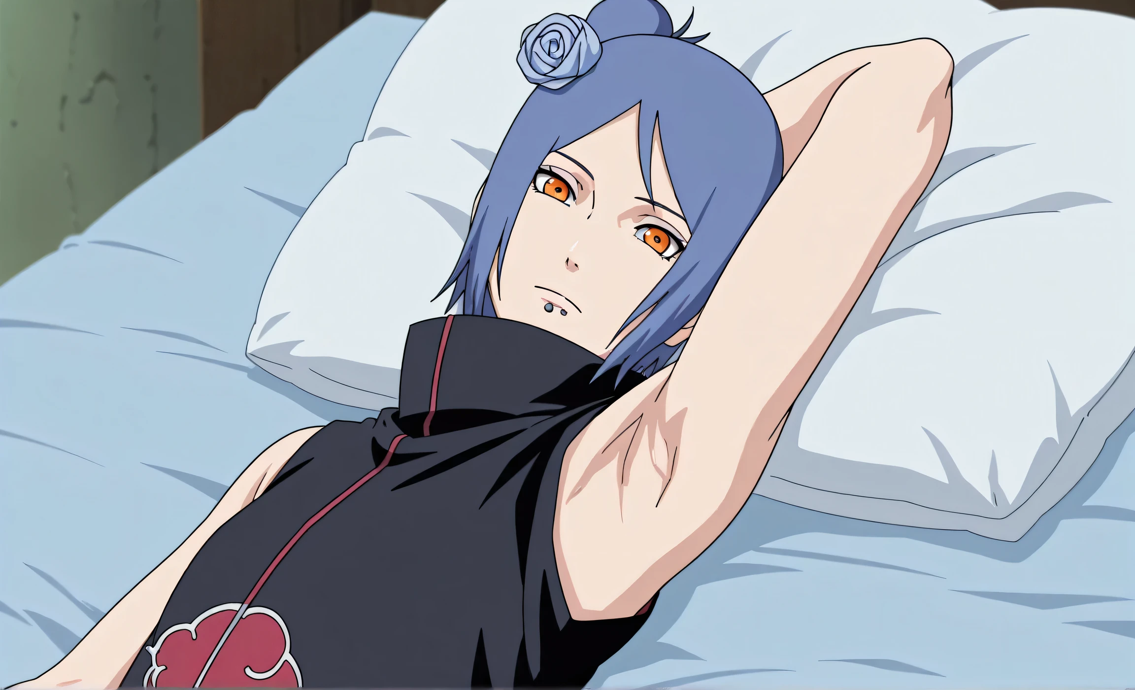 masterpiece, best quality, amazing quality, anime screencap, anime coloring, 1girl, solo, konan, flat chest, blue hair, single hair bun, orange eyes, hair flower, lip piercing, (high collar:1.2), cloak, loose robe, sleeveless, bare shoulders, bare arms, arm behind head, armpit, armpit focus, head towards viewer, looking at viewer, direct eye contact, expressionless, closed mouth, lying in bed, from side, from above, pillow