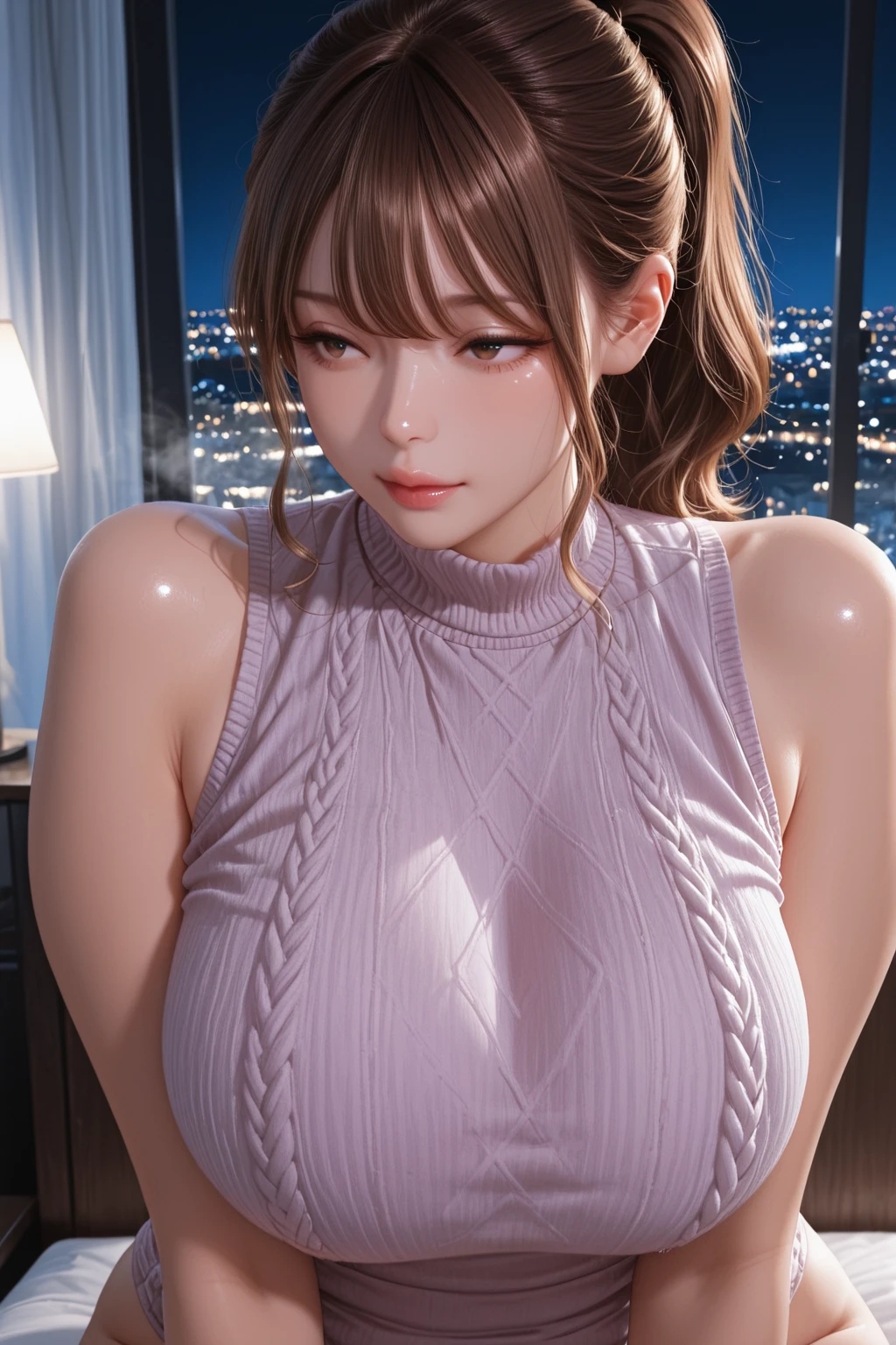 “A large concert hall stage with Kumi Koda smiling and singing during a live performance. She is captivating the audience with her sexy outfit and energetic presence.”
