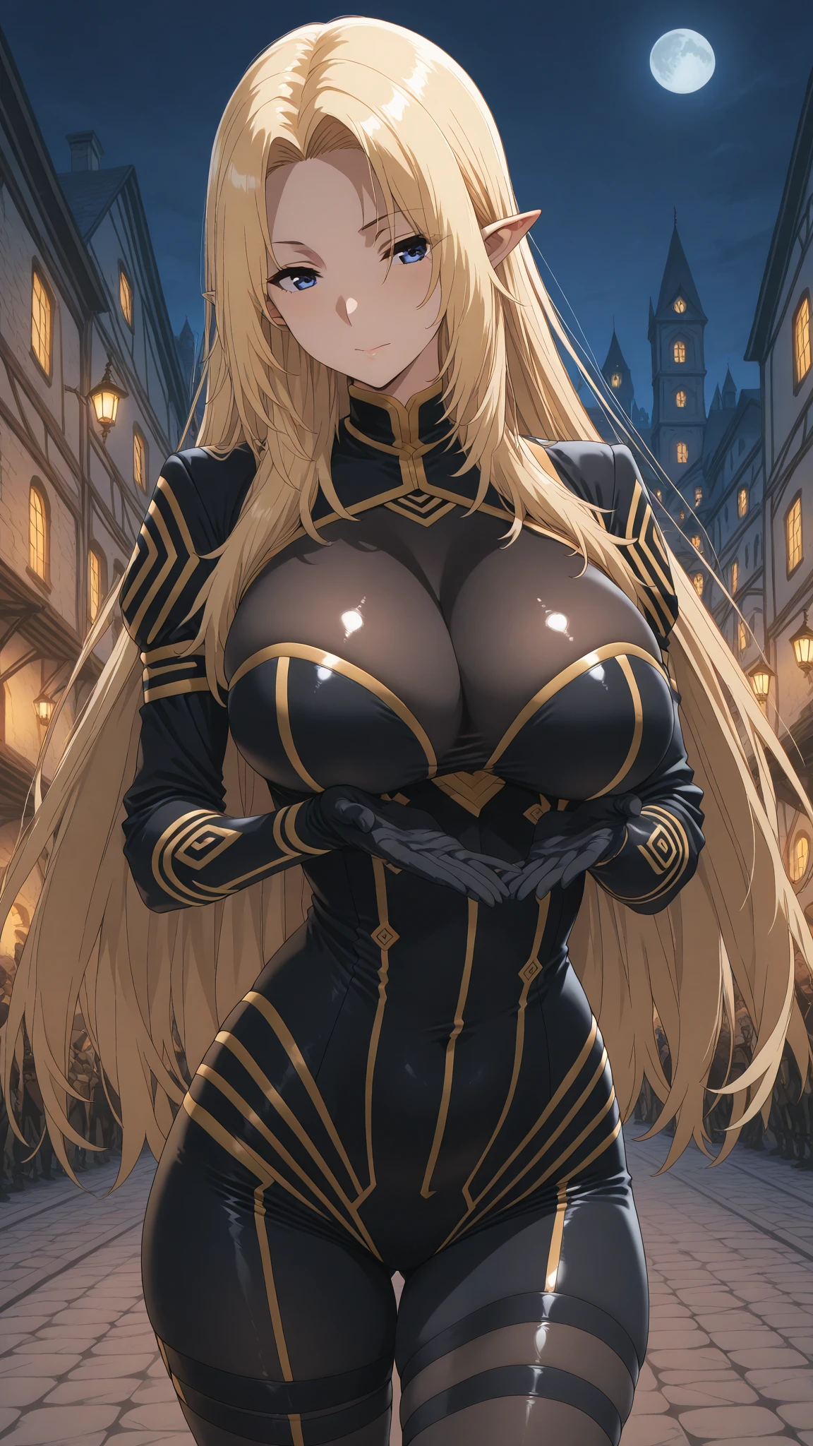 (Upper Body:1.3),(masterpiece:1.4),Medium Shot,anime,masterpiece,gravure, 8K,Realistic, Beautiful woman,An elegant and mature elven woman, Elf Ears,blue eyes, Place your arms behind your head,(美的animeの目:1.4),Large Breasts,blonde, Black bodysuit, smile,Beautiful breasts,(8K resolution:1.4), High quality CG, Beautiful CG, Soft Light,View your audience,(24-years-old),