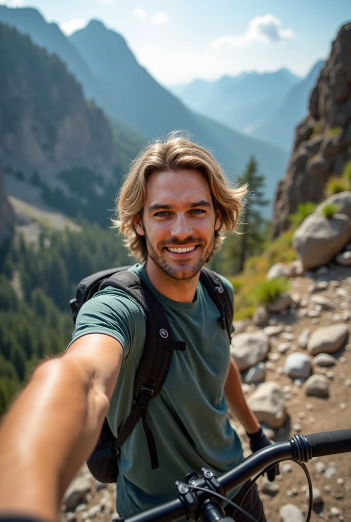 masterpiece, Best quality, A high resolution, close-up portrait, male focus, just concentrate, young man, pretty shirtless sweaty hairy guy hiking, leaning over camera perspective, bleached blonde hair, 25 years, hiking and climbing, bottom view, sloppy, close-up, Interesting perspective, skinny and lean body, quite a cute and courageous face, grin, in an off-white hiking backpack with bandages, Pose with legs spread, filthy, sweaty, hairy legs, skinny, half naked, bare chest, Mountain in the background, trail, on open air, bottom view, stunning composition, HDR, volumetric lighting, ultra quality, elegant, very detailed
