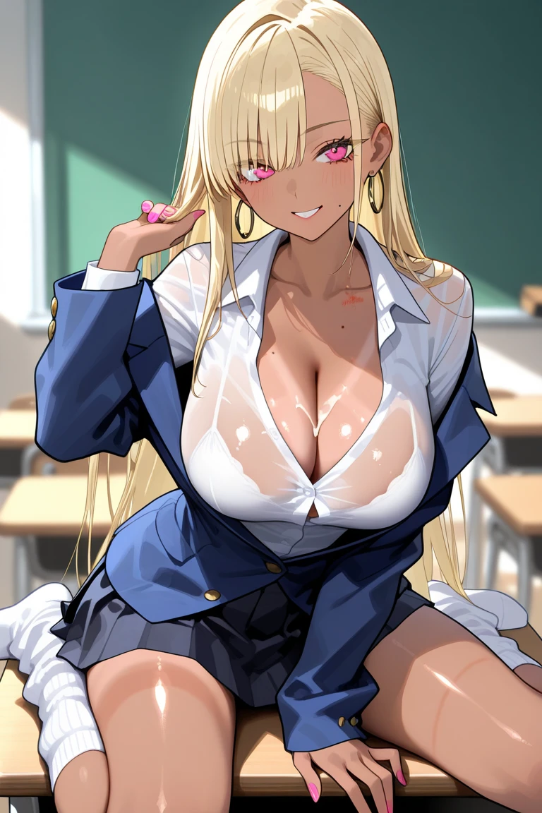 (masterpiece:1.2, best quality), 1lady, solo, 21 year old adult, school uniform, classroom, day, sit, blonde, long thick twin braids,red eyes, open collarbone, darkskin, (open breasts:1.1), big tits cleavage, thigh high stockings, slip, perfect ,
