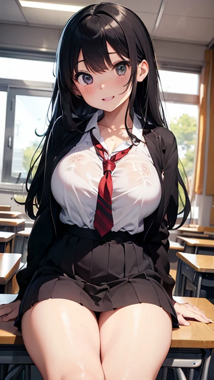 1woman, long hair, mature, parted lips, blush, makeup, provoking, sitting, school uniform, classroom, light rays, glow, thighs, collarbone, narrow waist, (masterpiece), wallpaper, wide angle, from above