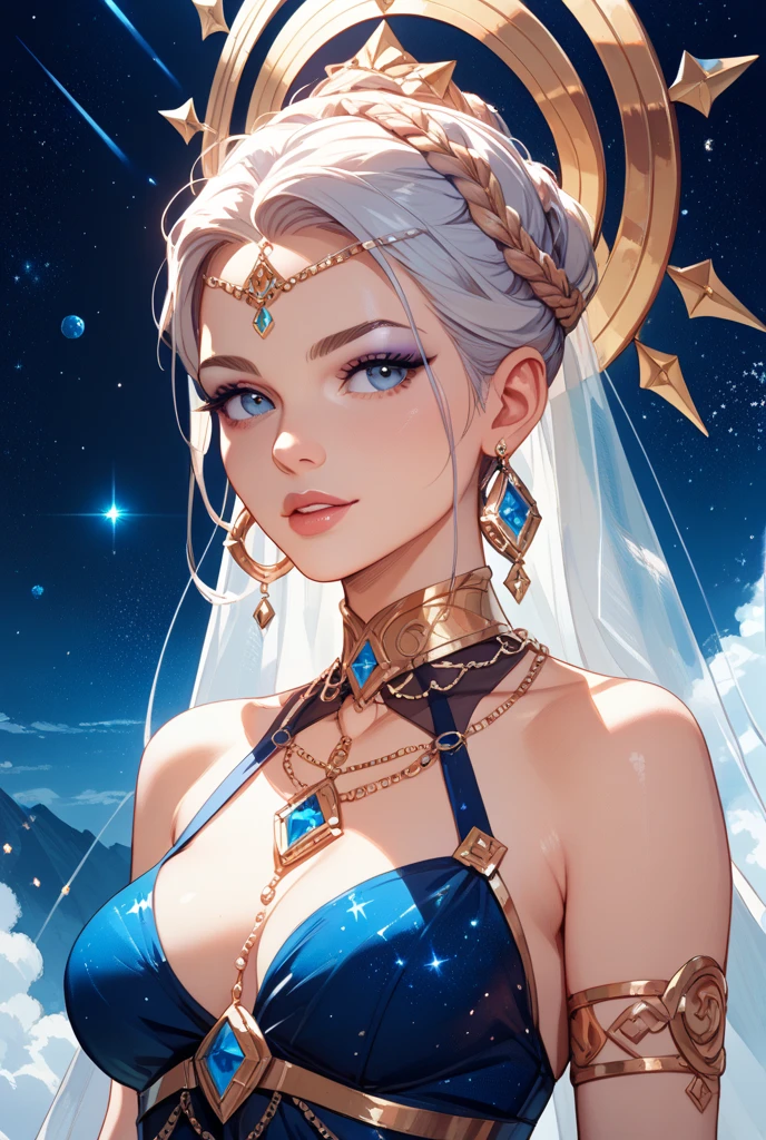 Highest quality, Highest quality, 16K, SFW, Unbelievably absurd, Very detailed, delicate and dynamic, Natural light, The particles reflect the colors of the rainbow, Diffuse reflection of light, Vortex of Light, There are many sandstorms, Beautiful desert, Colorful starry sky, Beautiful starry sky, milky way, shooting star, Moonlit Night, Sand Dunes, Oasis City, Blue Palace, Blue tile wall, Create amazing image effects, upper body close-up, (Cute sexy girl, bouncing chests, Sensual expression, Passionate, Hilarious, Vibrant, Arab royalty, Arabian Princess, Arabian Long Dress, Gorgeous Dress,, Lavish décor, Dancing against the backdrop of a starry sky)