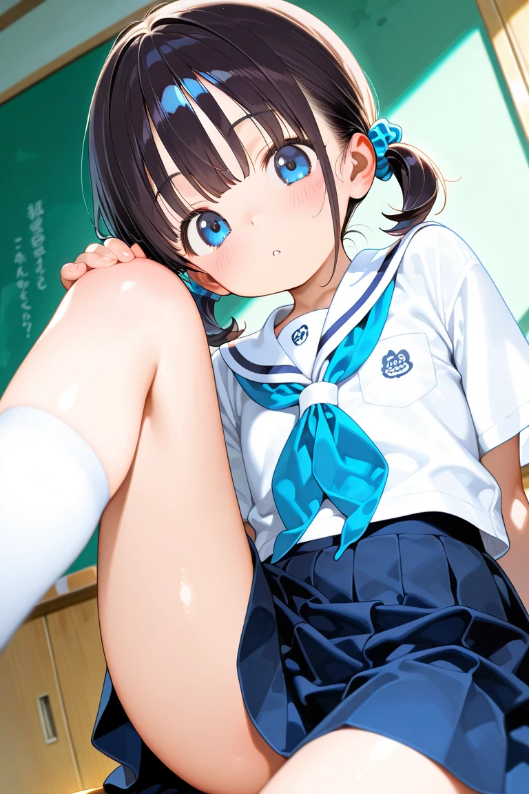 (Highest quality:1.24K, 8k, Studio Anime, Very detailed, Latest, Vibrant, High detail, High Contrast, masterpiece:1.2, Highest quality, Best aesthetics), (((1 Girl))), Sit and pose, ＪＫ, Sailor suit, Pleated skirt, loose socks, loafers, Please open your mouth a little:1.2, smile, Dynamic Angle, look up:1.3, Friendly atmosphere, Beautiful Hair, Shiny Hair, Beautiful Skin, Detailed face and eyes, Glossy Lips, Curvy Women, Striking contrast,