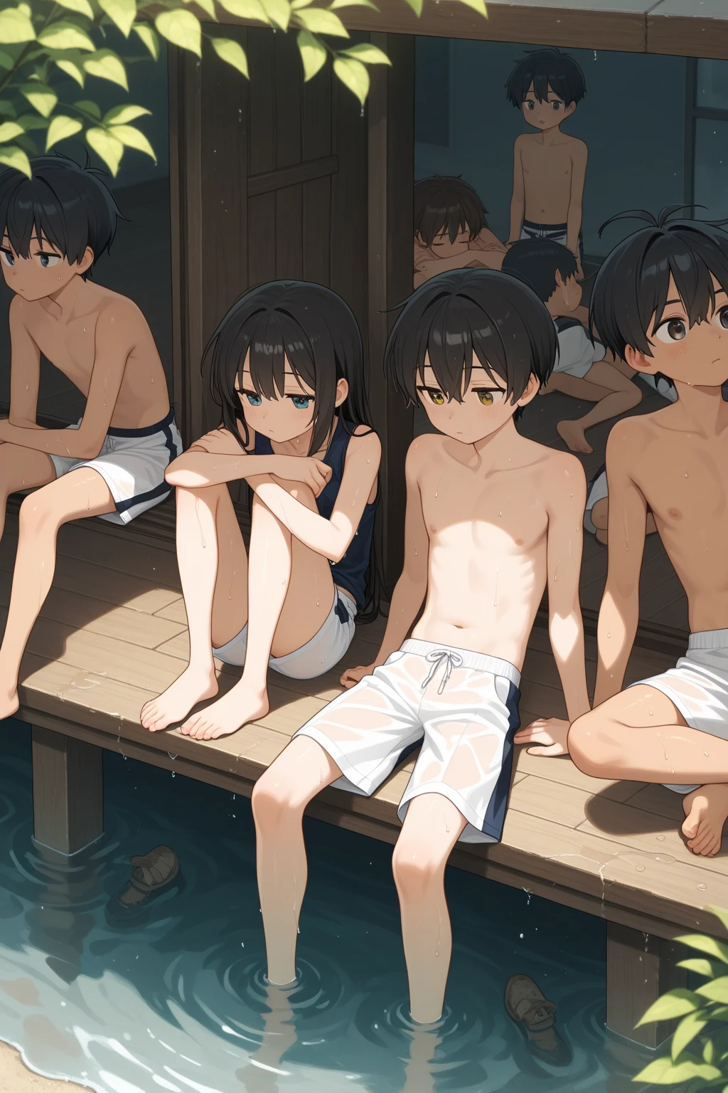 Crouching nudist smartphone photographer、A lot of close elementary school boys hugging each other、A little red、surround each other&#39;neck of、Laughter and joy、longshot、Group Selfies、In the unit bath、Intense curiosity and shame、Leaning forward