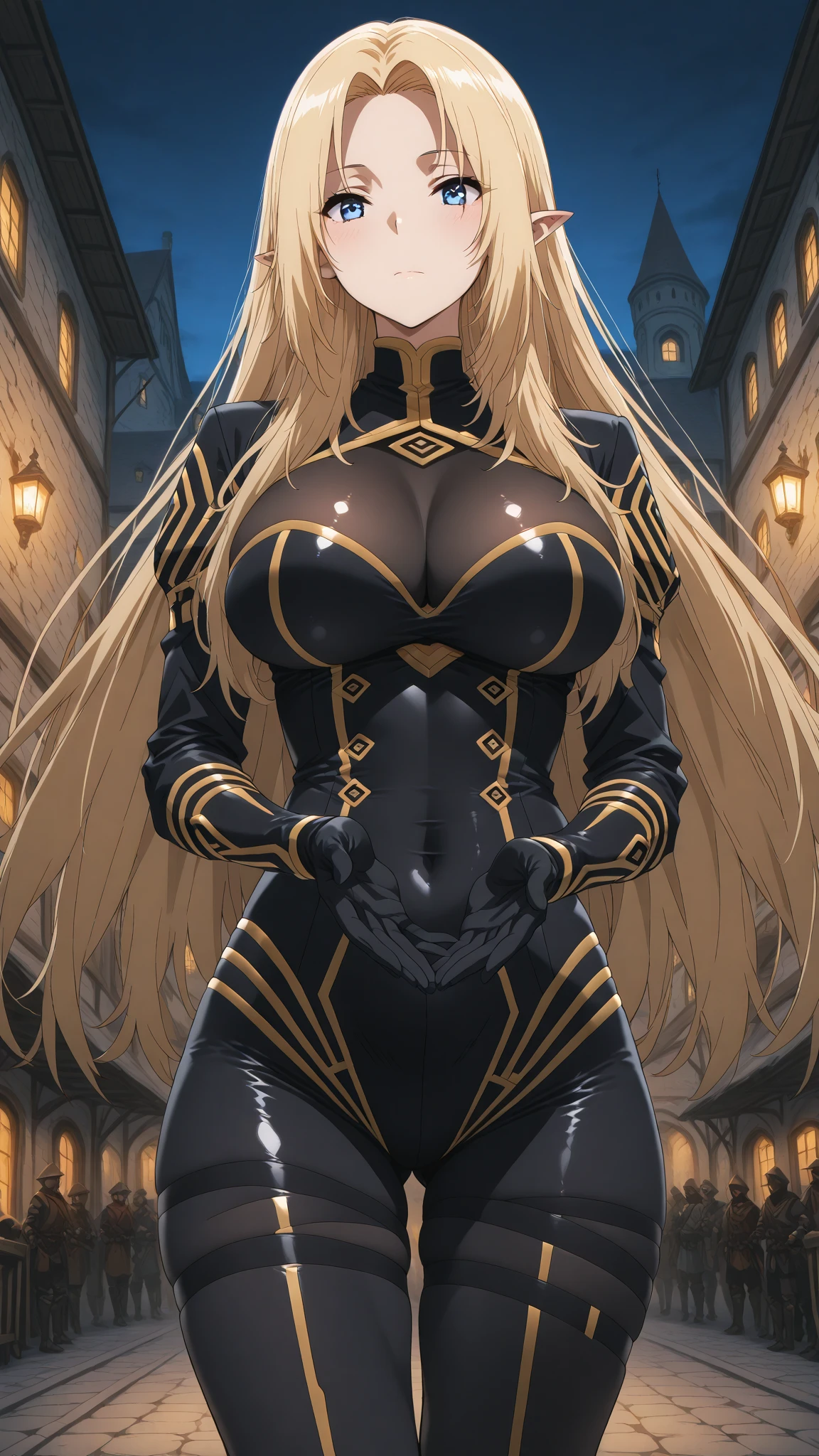 best quality, masterpiece, 1girl, raytracing, ultra detailed,detailed face, 8k wallpaper, (large breasts, wide hips:1.2), <lora:more_details:0.5>, AlphaNDV, 1girl, blonde hair, blue eyes, large breasts, very long hair, elf, pointy ears, black bodysuit, standing, outdoor, night, <lora:AlphaTEIS_NDV:0.7>