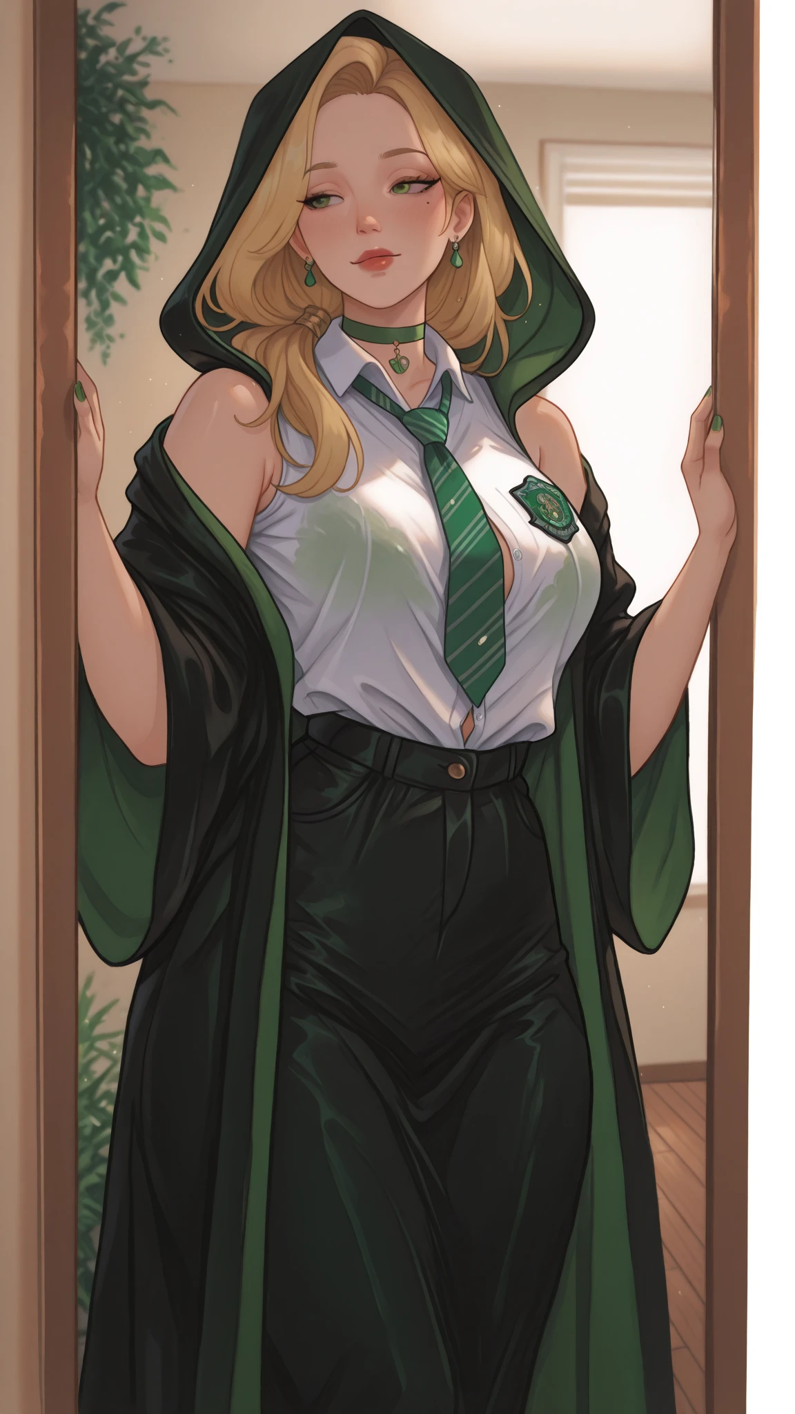 Woman resembling Emma Watson in her character as Hermione Granger, dressed in the Hogwarts uniform. Lifting her skirt and blouse. Show the vulva the bare breasts.