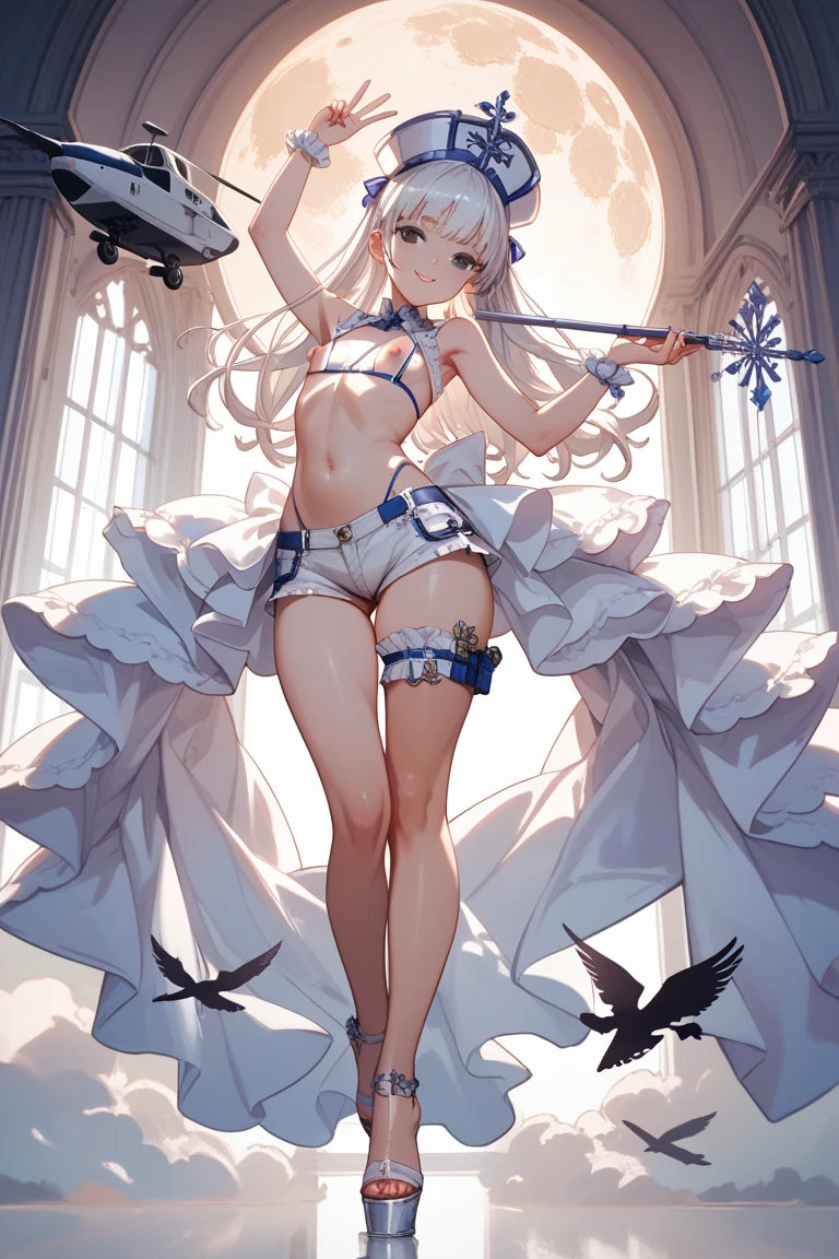 Bigboobs,Barefoot,White knee-length stockings,White Lolita skirt,Star decoration,white clothes,Show your arms,cropped shoulders,