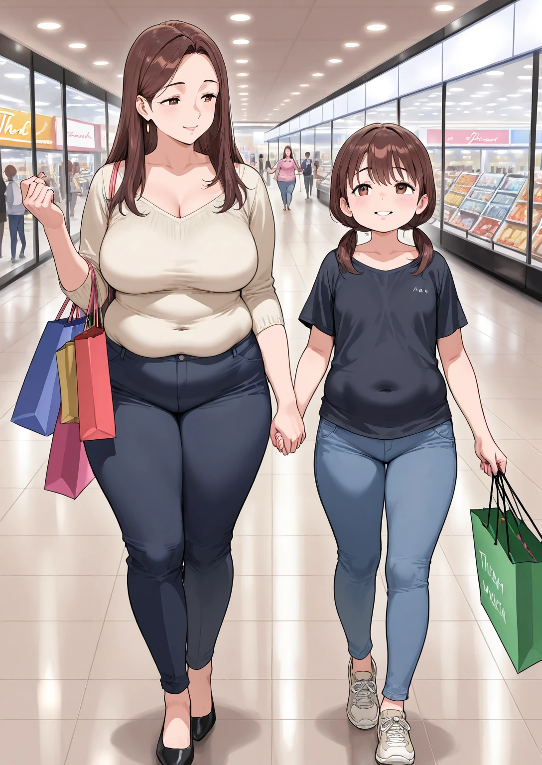 Beauty mother-in-law　Height difference　shopping　Supermarket　Black Hair　Straight long hair　hairpin　White knitted sweater　Mother and daughter have beautiful breasts　mini skirt　squat　White panties