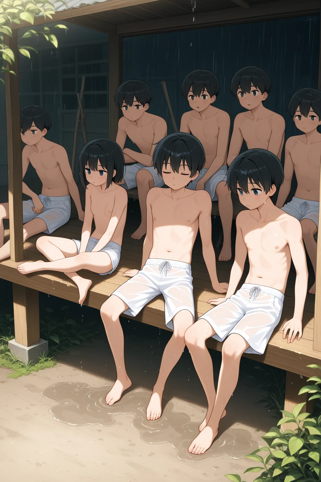 Back of squatting nudist girl、(hug each other at close range)Lots of curious elementary school boys、surround each other's face、Group Selfies、In the tent、NSFW