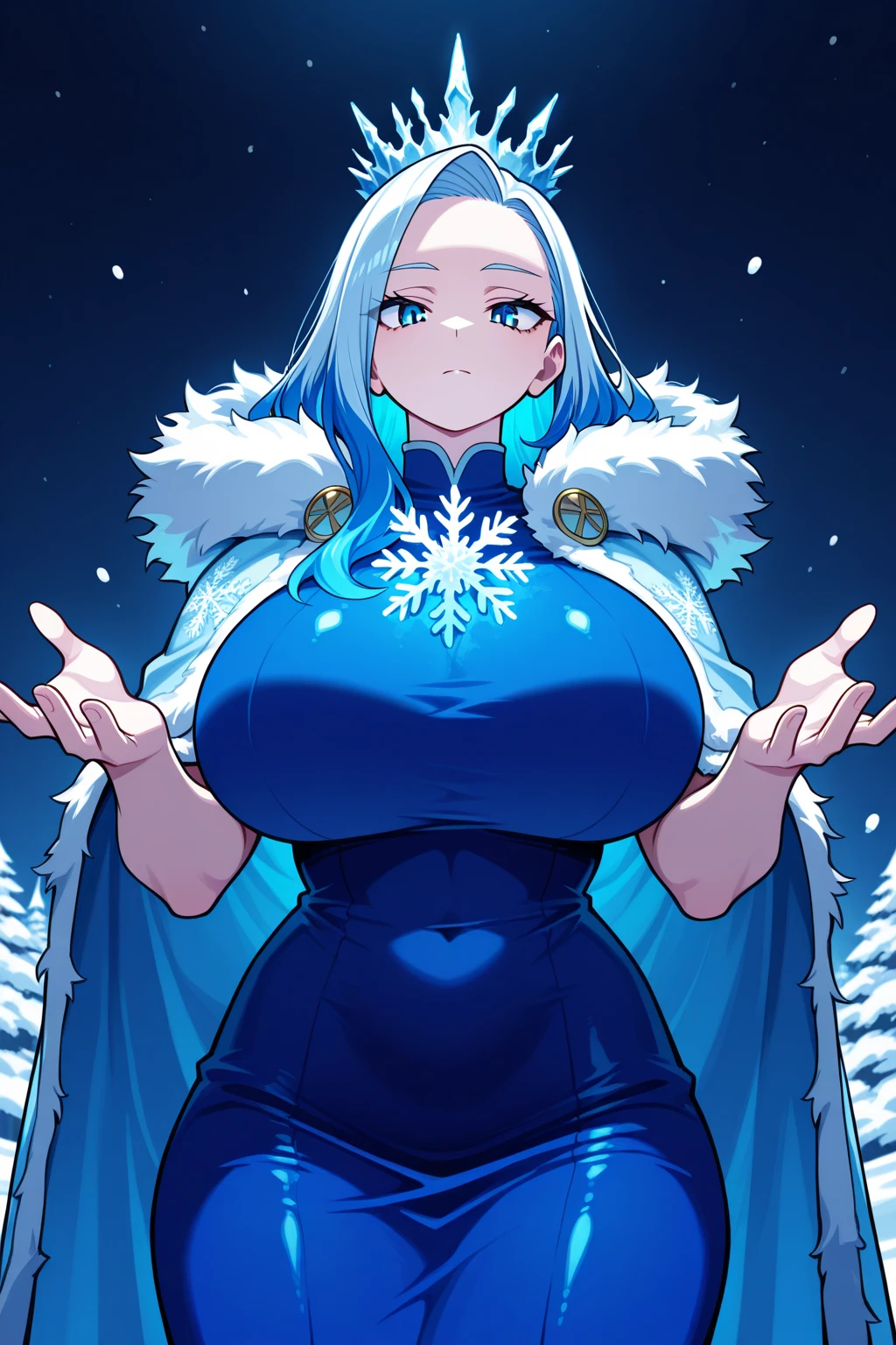 celestia in frozen castle:1.5, milf, colored skin, perfect blue eyes, blue skin, (glowing blue eyes), pronounced feminine feature, busty, navy hair, dark blue hair, (gigantic breasts:1.3),pointy ears, cleavage, regal gown, blue crystal tiara, frozen castle, ice fortress, ice castle, aurora borealis, detailed background, volumetric lighting,ice throneroom:1.5, frozen throneroom:2.5, short dress, bare shoulders, cleavage cutout,white dress, long hair, 
centered, best quality, masterpiece,
<lora:Celestia-10:0.8>, <lora:xev_SethxZoe:0.8>