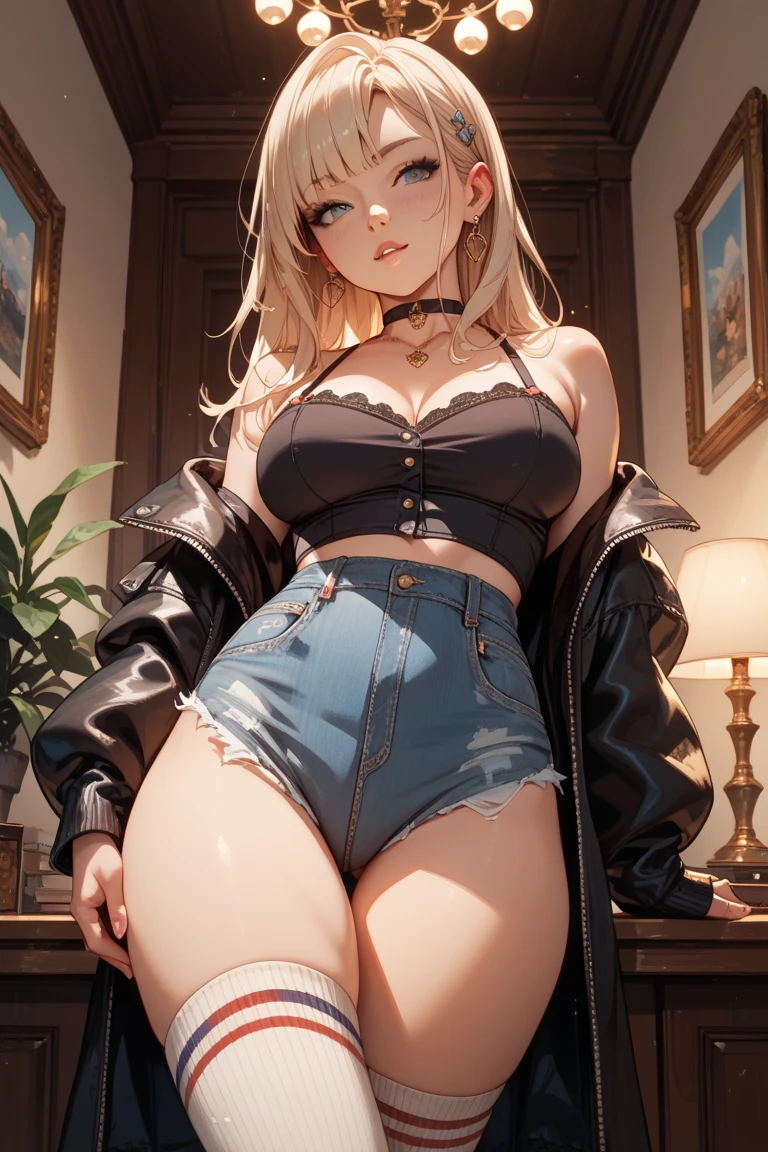 A very high-detailed illustration of a beautiful anime girl, blonde one side ponytail, freckles, beautiful red eyes, freckles, choker, lustful expression, cocky expression , collarbone, large breasts, small waist, wide hips, juicy thighs, solo, wearing a shirt , strapless ,white shirt, no sleeves, cleavage, large breasts ,big breasts , very large breasts, naked waist, no sleeves, wearing shorts sexy shorts, black shorts, very revealing shorts, black denim shorts, juicy thighs, thick thighs, wearing high heel boots, black boots, high heel boots, boots up to her knee, in the hall of a high class hotel, facing the camera, posing standing, sexy posing, 8k, best quality, highres, masterpiece, full body picture, high detailed, high resolution