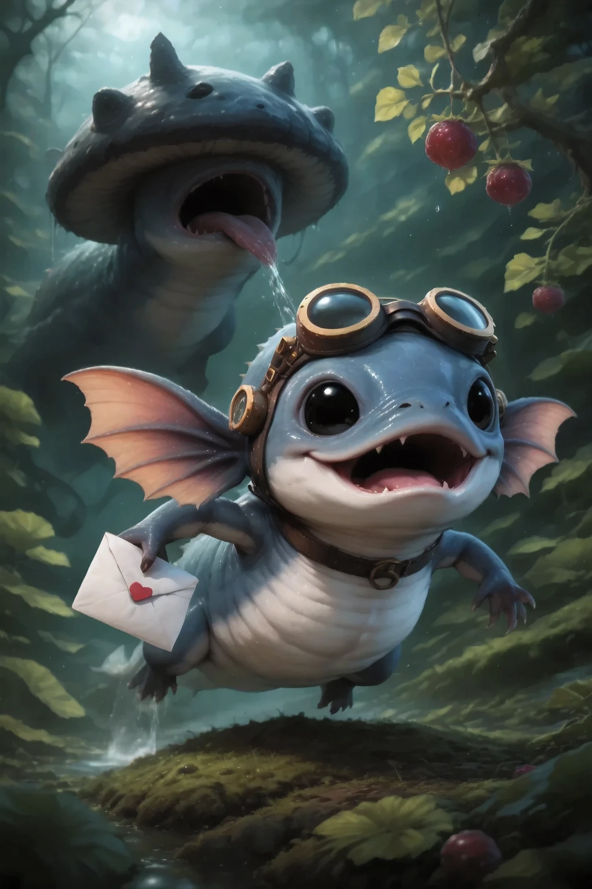 The creature flees in panic from a huge swamp monster in the swamps. He opened his mouth slightly in a panic. Holds a letter in his paw. Steampunk aviation glasses on top of his head. Character_Fuli,
masterpiece, best quality, ultra-detailed, A cinematic emotional static frame, 8K UHD, extreme detail, physical-based rendering, HDR.
Unrealistic image, fantasy genre, dramatic lighting. Highly detailed digital art style, (SFW:1.3).