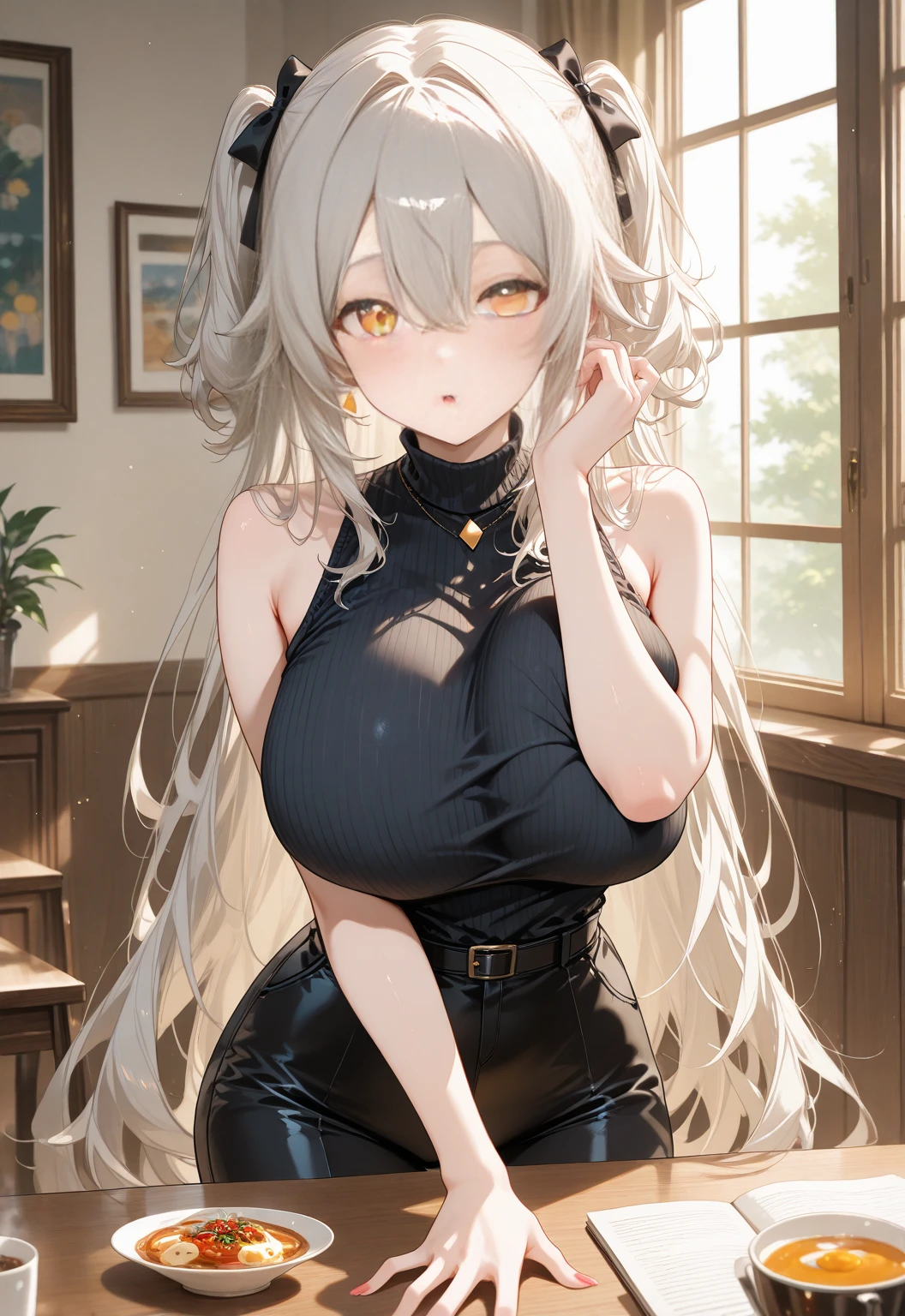 (master piece, best quality:1.2), absurdres, (extremely detailed cg:1.2), vibrant colors, (realistic:1.2), 1 (attractive woman, white platinum long hair:1.2),
BREAK
BLARKY beautiful caucasian woman with very long straight white hair, (yellow eyes:1.3), long eyelashes, fair skin, expressive face, attractive appearance, animal ear fluff, animal ears, bangs, blush, smile, charming smile, extra ears, fox ears, fox girl, fox tail, hair between eyes, large breasts, (age 19 years:1.3), (height 162 cm:1.3),
BREAK
girl with ((Best Bust, big bust, Beautiful yellow eyes, Breasts wide open, ponytail, A slender, Large valleys, Black sweater, White pants, Ruby Earrings, astonished face, arms in arms)), Beautiful Art, Background with ((theme park, Beautiful aquarium, Blue lighting, shark))),visualart, depth of field,