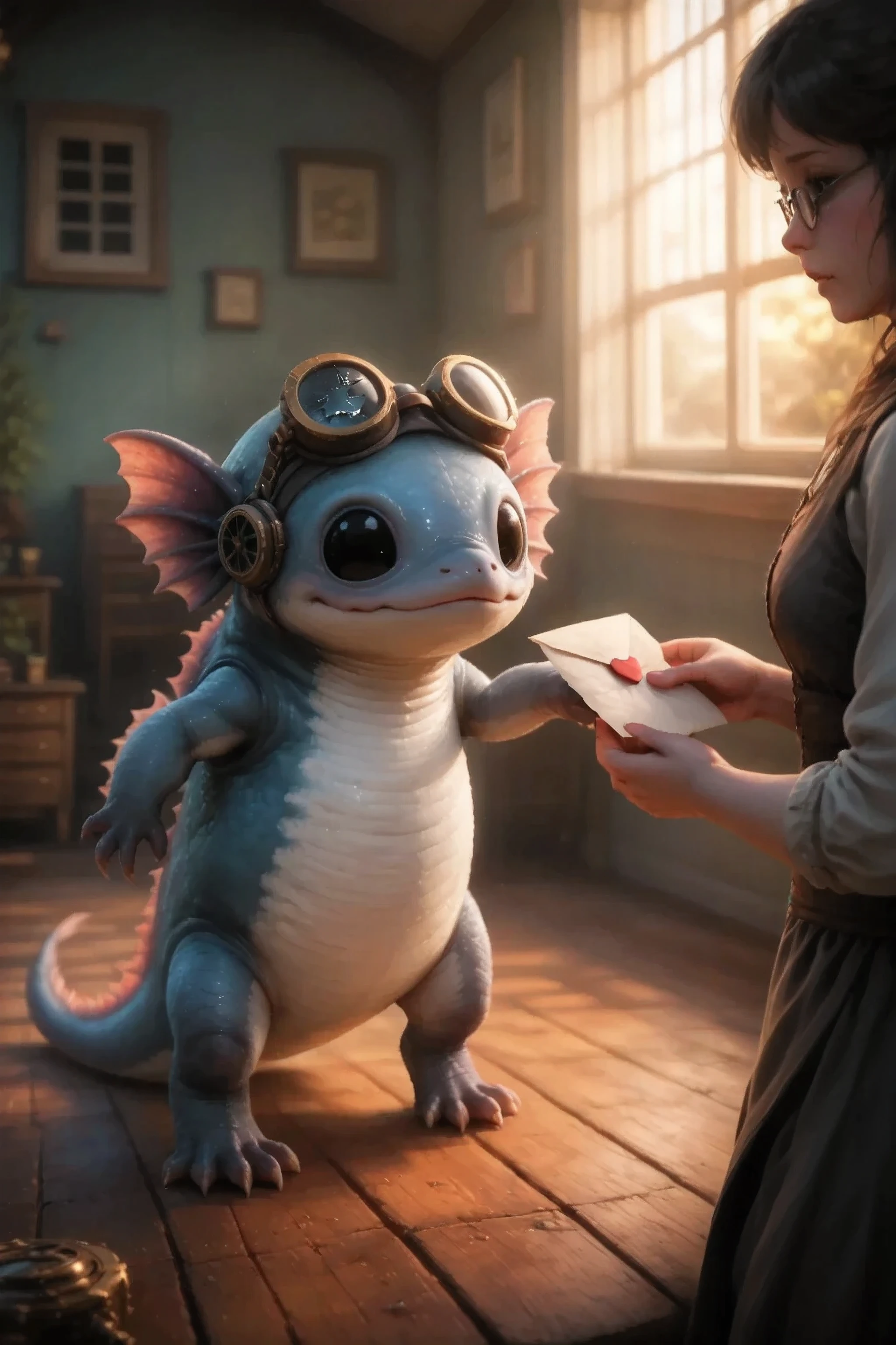The tired creature is shy and stretches it forward with one paw trying to reach the letter into women's hands. Against the background, the old room. warm sunset light illuminates the dust in the air. Steampunk cracked split aviation glasses on top of the head. Character_Fuli, exhaustion but also joy on face. Happy girl looks at the creature.
masterpiece, best quality, ultra-detailed, A cinematic emotional static frame, 8K UHD, extreme detail, physical-based rendering, HDR.
Unrealistic image, fantasy genre, dramatic lighting. Highly detailed digital art style, (SFW:1.3).