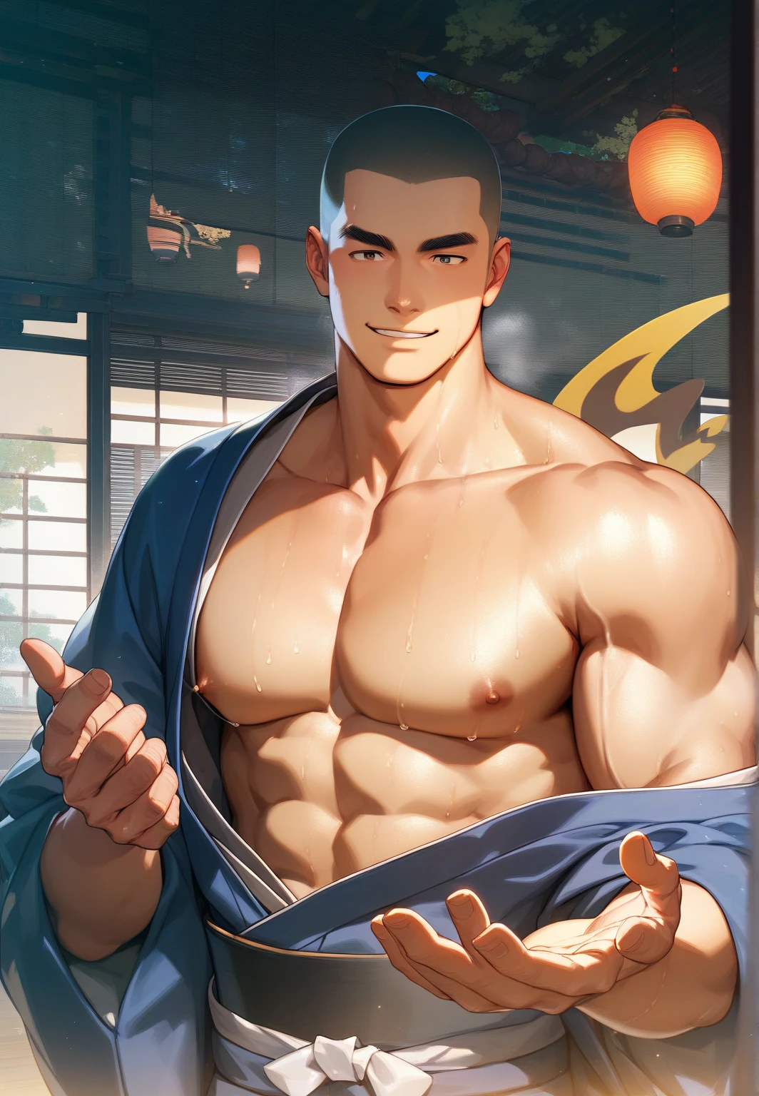 Highest quality、masterpiece、nsfw、(muscular male:1.2)、(father:0.5)、Shaved head、Short Hair、Sports haircut、short hair、Black Hair、Blonde、Gray Hair、Red hair、Blue Hair、(sweat:1.3)、(steam:1.1)、4boys、Ultra wide angle、Summer Festival at Night、Jinbei、nipple piercing、tattoo on chest、tattoo on leg、A fun atmosphere、ass pov