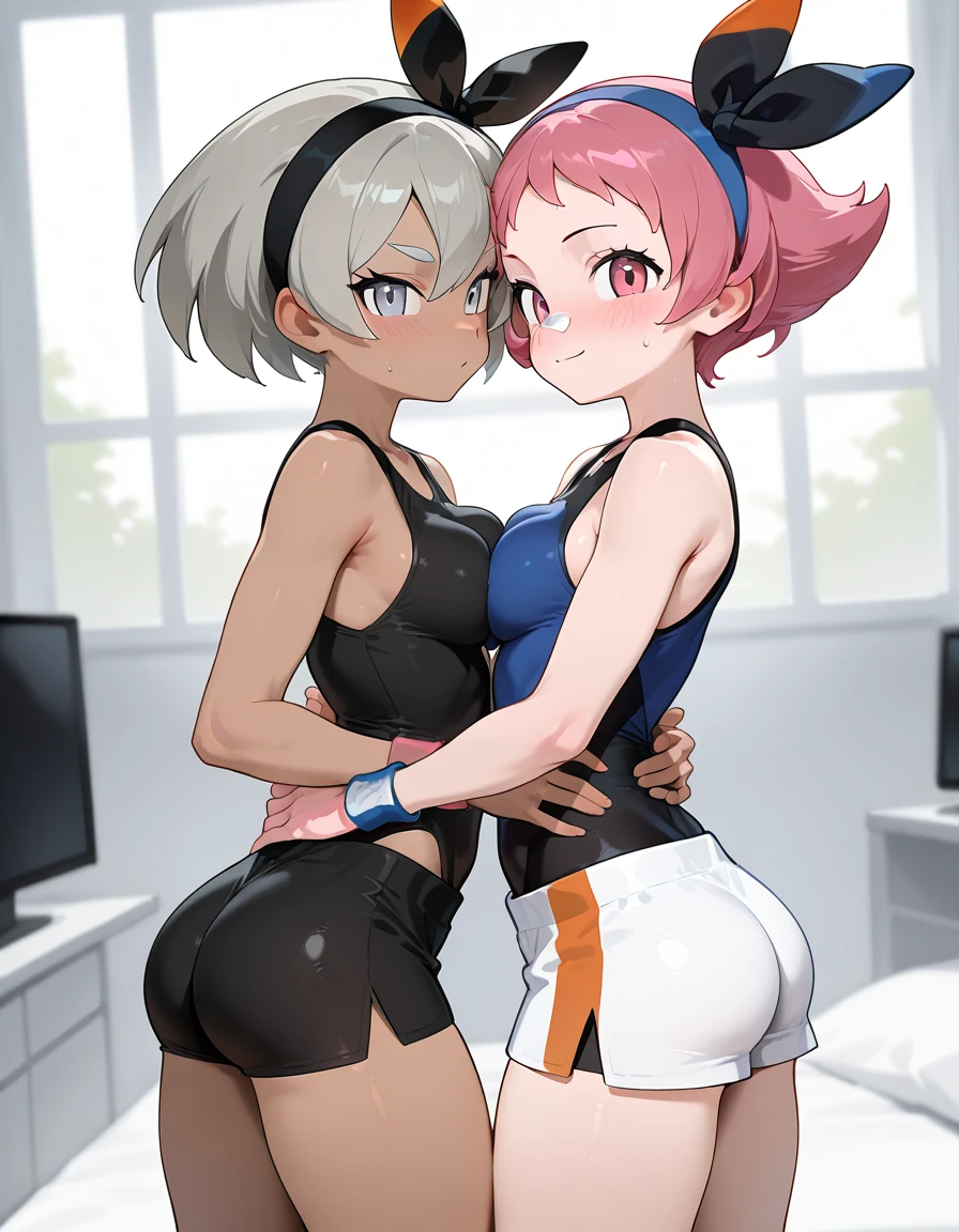 Two girls wearing glasses, short black hair, wearing basketball outfits, crop tops and shorts, looking shy, sitting with their backs bent, showing their thighs, kneeling on a bed, a view from behind, showing their backs, big butts, lying on top of each other.