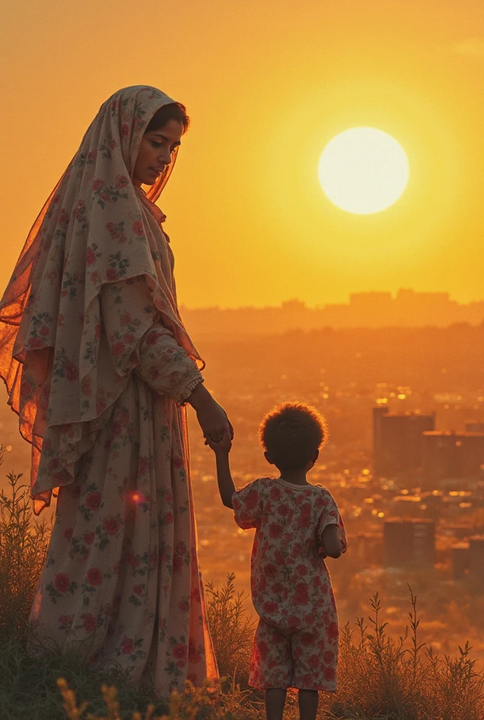 A clear, more accurate picture, as if it were a painting by Leonardo da Vinci, of an Arab girl, at the age of 16, carrying her brother on her back, the little one sleeping on her back and she is stroking him so that he does not wake up. .
The place, she is standing on the roof of the house wearing jeans, and barefoot, looking at the neighboring houses, the houses seem far away, and their windows are lit, the time, sunset, the lighting is soft and the clouds are many and dense, the picture is very realistic