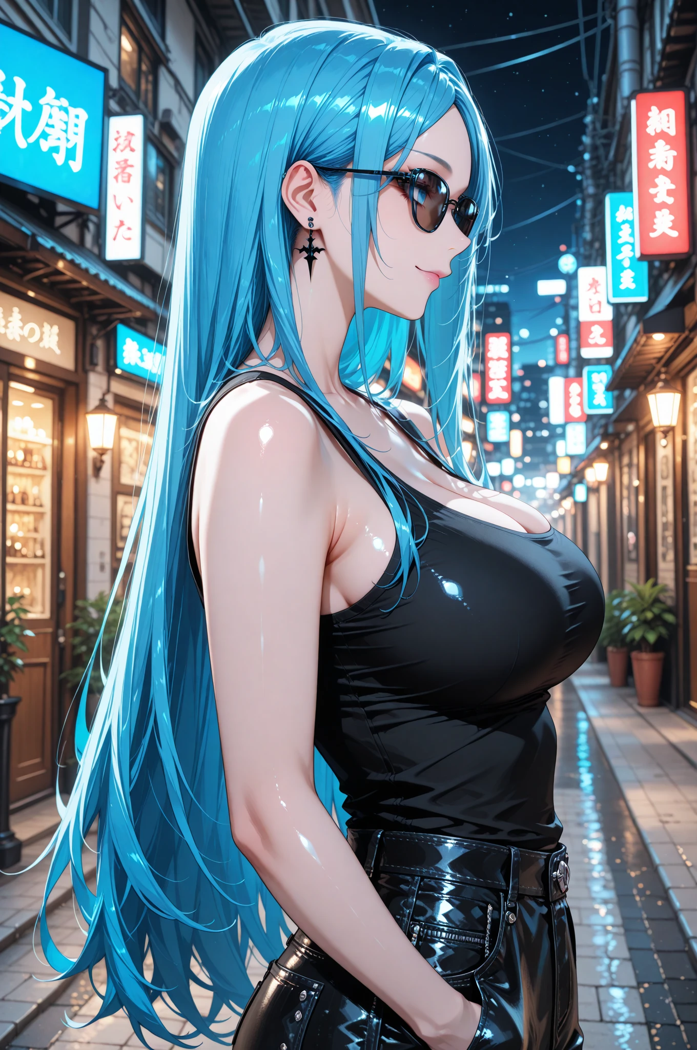 Milf, 1 girl, big breasts, ((( huge fake breasts:7.9 ))) huge breasts, mature woman, heavy breasts, very long hair, blue hair, light-skinned woman, tiny bikini, black color, short top, white scarf, orange eyes, face mature, curvy waist, large, curvy waist, looking at viewer, blushing face, cleavage, on the street at night, full breasts, breasts larger than head,