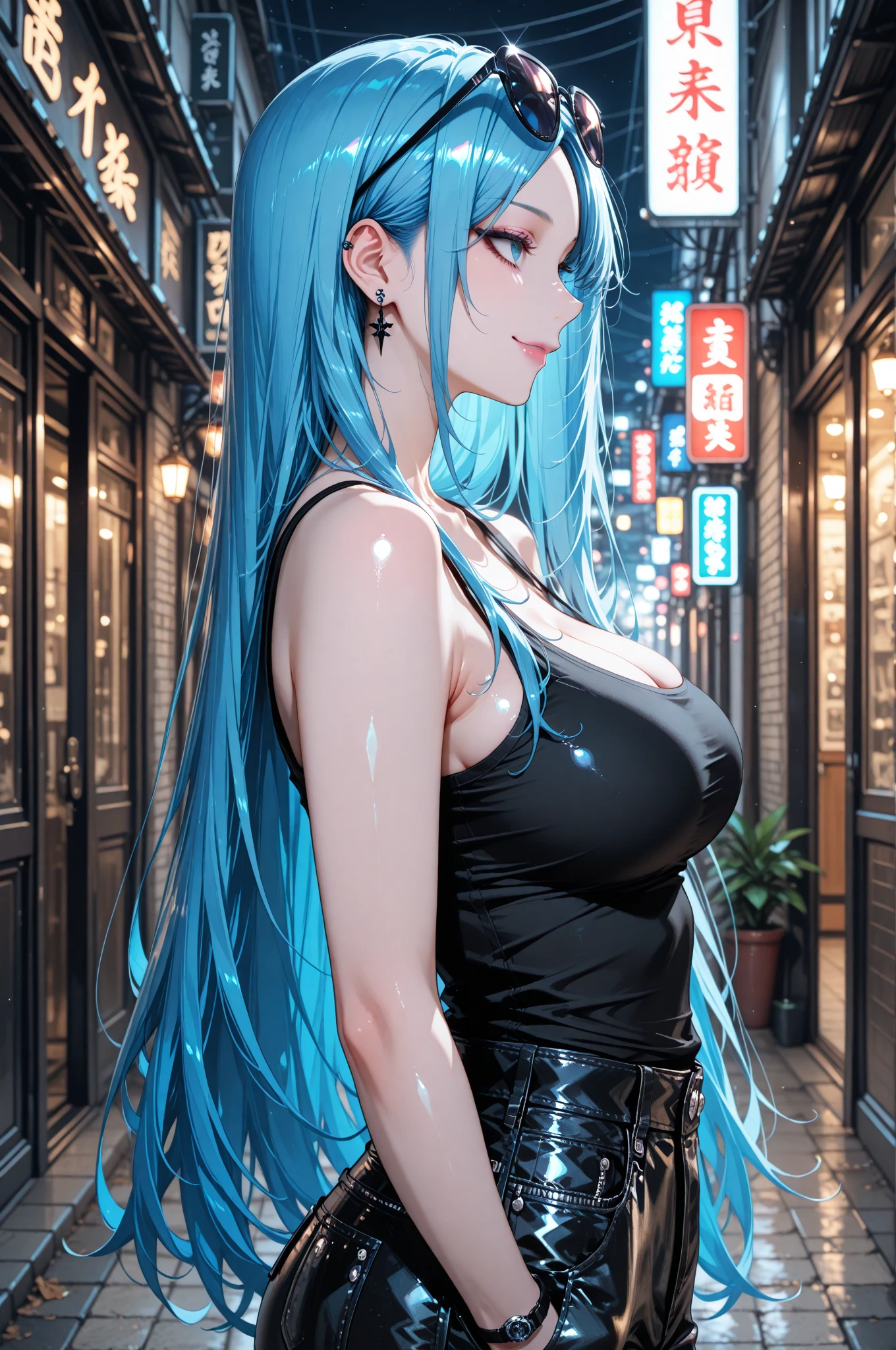 Anime - Style woman with blue hair and silver dress posing on the street, seductive anime girls, Extremely detailed Artgerm, trending on artstation pixiv, an oppai cyberpunk, beautiful blue-haired girl, Detailed digital anime art, beautiful and seductive anime woman, trending on cgstation, Artgerm on ArtStation Pixiv, Digital anime art,huge tit,Hold your phone,