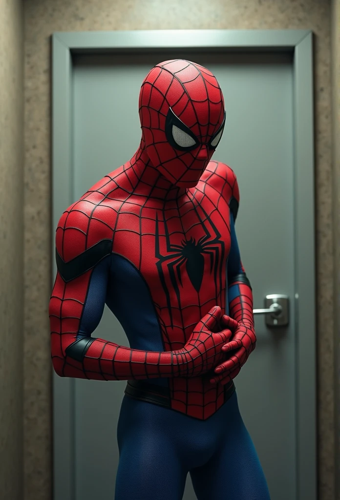 Spiderman in an elevator staring straight ahead