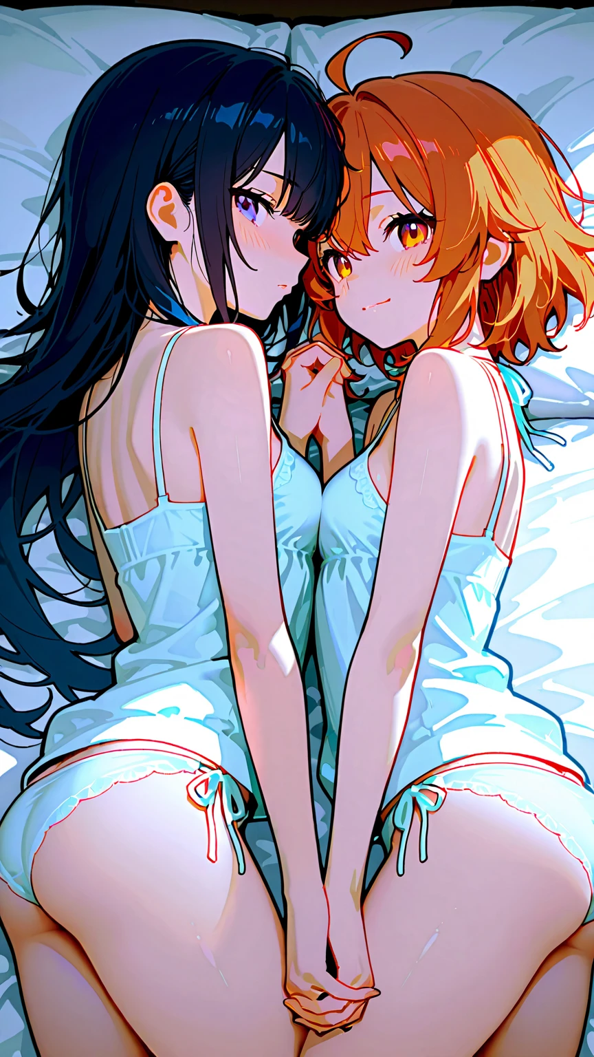 Anime style illustration of a woman lying in bed with a woman with a bull-cut bob, artwork in the style of Gweiz, 4k anime wallpaper, Roish and Los Tran, two beautiful anime girls, Gweiz, anime wallpaper 4k, 4k manga wallpaper, anime wallpaper 4k, wlop and sakimichan, Anime Art Wallpaper 4K