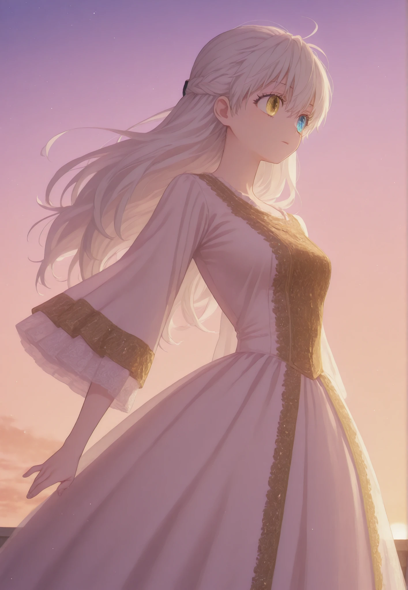 masterpiece, newest, HD Quality, safe, good anatomy, good lighting, , good resolution, beautiful, anime. long white hair. heterochromia:Sky blue right eye and Golden Yellow left eye, dreamy look. dark eyelashes, piel clara, slim build, Medium Breasts Size C. She is 18 years old, measures 1'66 cm. watching the spectator, Alone, Sunset Background with Violet Sky. wearing clothes: Victorian dress, Wide sleeves with elaborate embroidery, embroidered with gold threads. dancer pose.