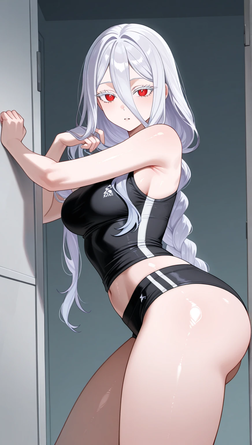 masterpiece, highest quality, Very detailed, whole body,Fine and beautiful eyes, Very detailedな目と顔, 1 girl, Cowboy Shot,Dynamic Angle, Laura Bodewig, Eye patch, Grey leotard, Pilot Suit, Halter neck, Exposing shoulders, Covered navel, gray thigh high socks, ((Small breasts)), Are standing, Looking at the audience, smile,