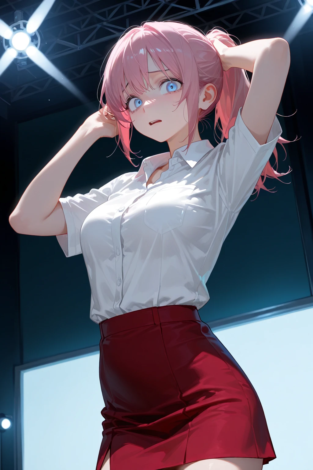 best quality, ultra-detailed, best illustration, masterpiece, high res (1girl:1.3), ((solo)), (perfect anatomy) (perfect face), (young girl (10 years old), fair skin, pink hair (shoulder length), green eyes, (((cowgirl outfit))), (((white shirt))), jean skintight black mini shorts, happy, blushing, (((flat chest))), in a futuristic setting with a green light, annoyed, cyberpunk, (drinking water), best anime 4k, cybersuits, in her school, ((during a storm))), (at night), (((wet))), ((rain)), (night), ((((alone)))), from behind