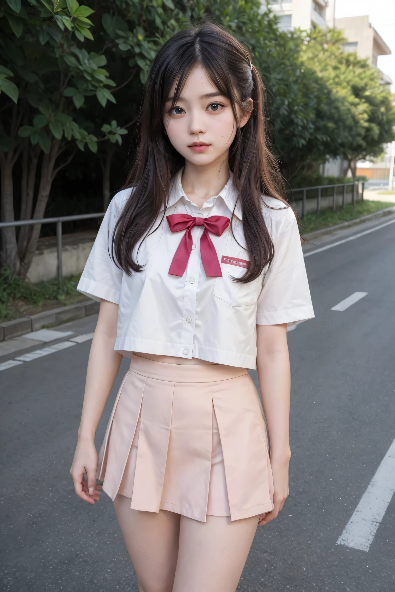 Junior high girls white collared shirt short sleeve, long maroon pleated skirt, maroon bow tie