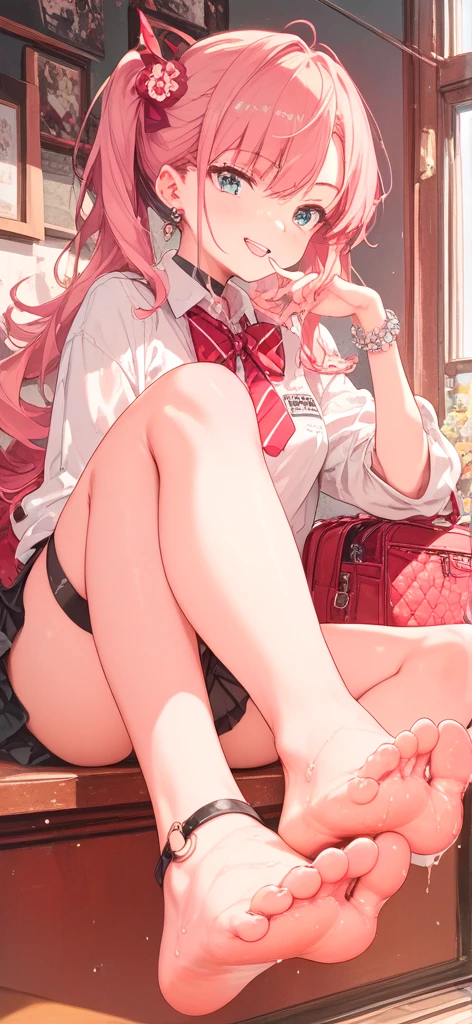 Girl sitting near the window, bright light high contrast, white shirt opened, red lingerie, sexy pose, legs spread, red reading glasses, stockings, screaming, crying, handcuffed