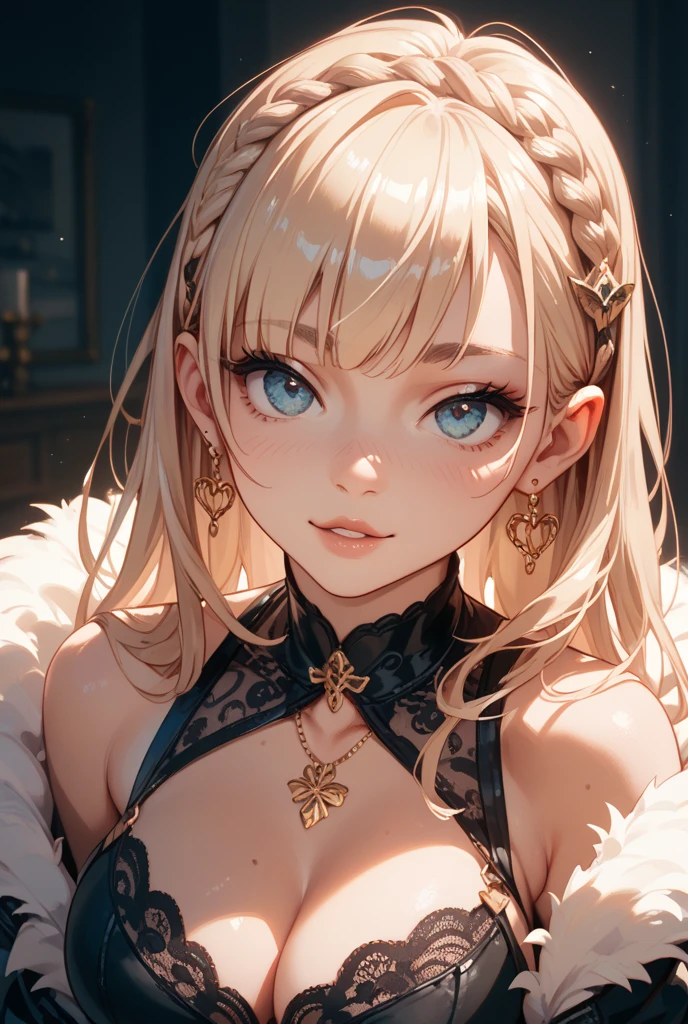 randome pose,from below,(Cinematic scene,Fantasy Art,Highest image quality,Hyperrealism portrait,(8K),Ultra-realistic,Best Quality,High quality,High Definition,high quality texture,high detailing,Beautiful detailed,fine detailed,extremely details CG,Detailed texture,realistic representation of face,masterpiece,presence,Dynamic,Bold),Ultra detailed skin,(Curve,Petite),Beautiful breasts,(Large breasts:1.2),pale skin,pointed breast,Erect nipples,short hair,(Ultra Thin hair),(Ultra Soft hair),(Ultra straight hair),Swept long bangs,Extra bright coppery amber hair,Hair over one eye,(clothed:1.5),
