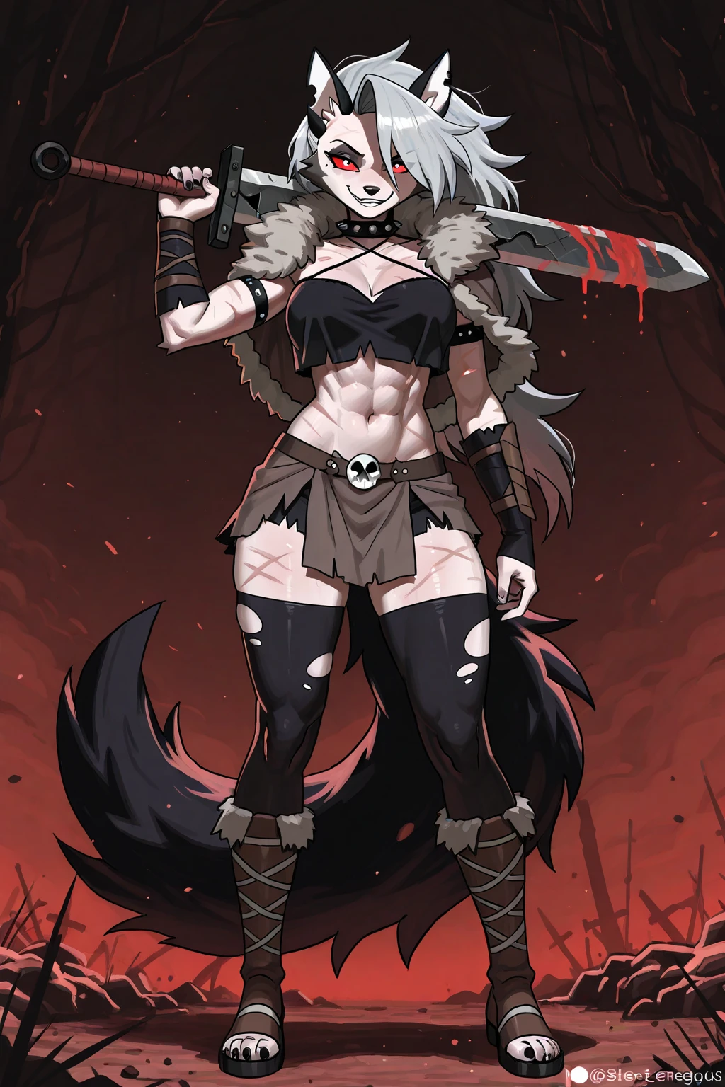 Red skin，wearing nothing but underwear，Wolf ears，Female nipple，robust，musculature，Armed with a long stick