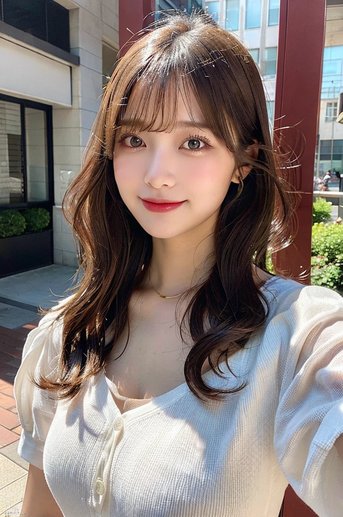 highest quality, shape, Very detailed, finely, High resolution, 8k wallpaper, Perfect dynamic shape, Beautiful and detailed, Summer clothes,Medium Hair,Natural color lip,smile,20-year-old girl、Midnight、Beautiful and elaborate face、Perfect and beautiful face、Slim face and figure,spread your arms wide,Big eyes,Take a photo with your face raised from below your knees、Small face、Beautifully detailed face、Perfect and beautiful double eyelids、Big cleavage、Long, Slender legs、One Woman、gravure、Skinny jeans、Watching the audience、runVery long hair, Blushing, 