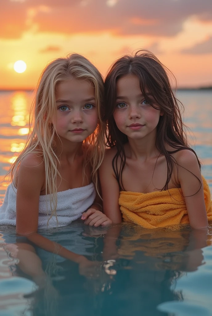children girls, BLONDE LONG HAIR com um capuz vermelho, There is a yellow roof with a swimming pool and a sunset, ouro cintilante, brilho dourado, hora de ouro brilhante, gold refractions off water, ouro brilhante, luz dourada, brilho dourado, brilhante, liquid gold, golden hour lighting, brilhando, dourado brilhante, brilho dourado, Hora de Ouro, morning golden hour, formas douradas