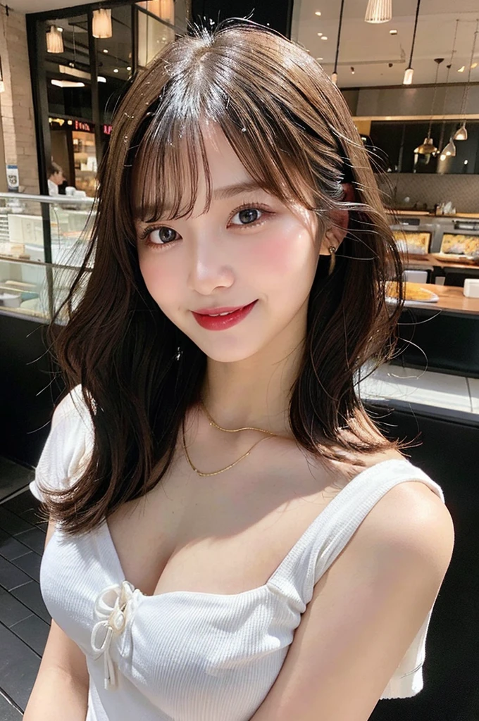 masutepiece, Best Quality, Illustration, Ultra-detailed, finely detail, hight resolution, 8K Wallpaper, Perfect dynamic composition, Beautiful detailed eyes, doress,Medium Hair, mid-chest, Natural Color Lip, Random and sexy poses,Smile,Street Walk、20 years girl、Colossal 、Too much exposure、Knitted tops、hongkong girl
