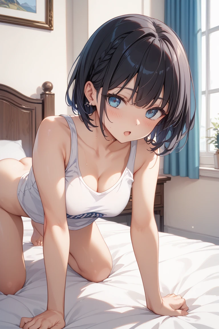 score_9,score_8_up,score_7_up,masterpiece,best quality, source anime, realistic, super detailed, extreme detailed, rating_safe,
1girl, all fours, from below, front shot,
BREAK girl, 22yo, short hair, bob cut, (blunt bangs), black hair, (tareme, detailed cute brown eyes), curled eyelashes, (large breasts:0.9),
shiny hair, beautiful detailed eyes, beautiful face,
slender, small ass, slim legs,
bra, panties, (embarrassed:1.3), blush, frown, aroused, condom in mouth,
bedroom, (darkness:1.2),