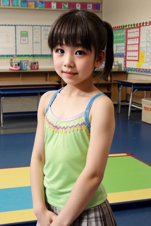 Little girl on top,Looking down,from below,sitting on the classroom desk,did not wear panties,Crotch view,Mocking expressions,Smiling,Light slip dress